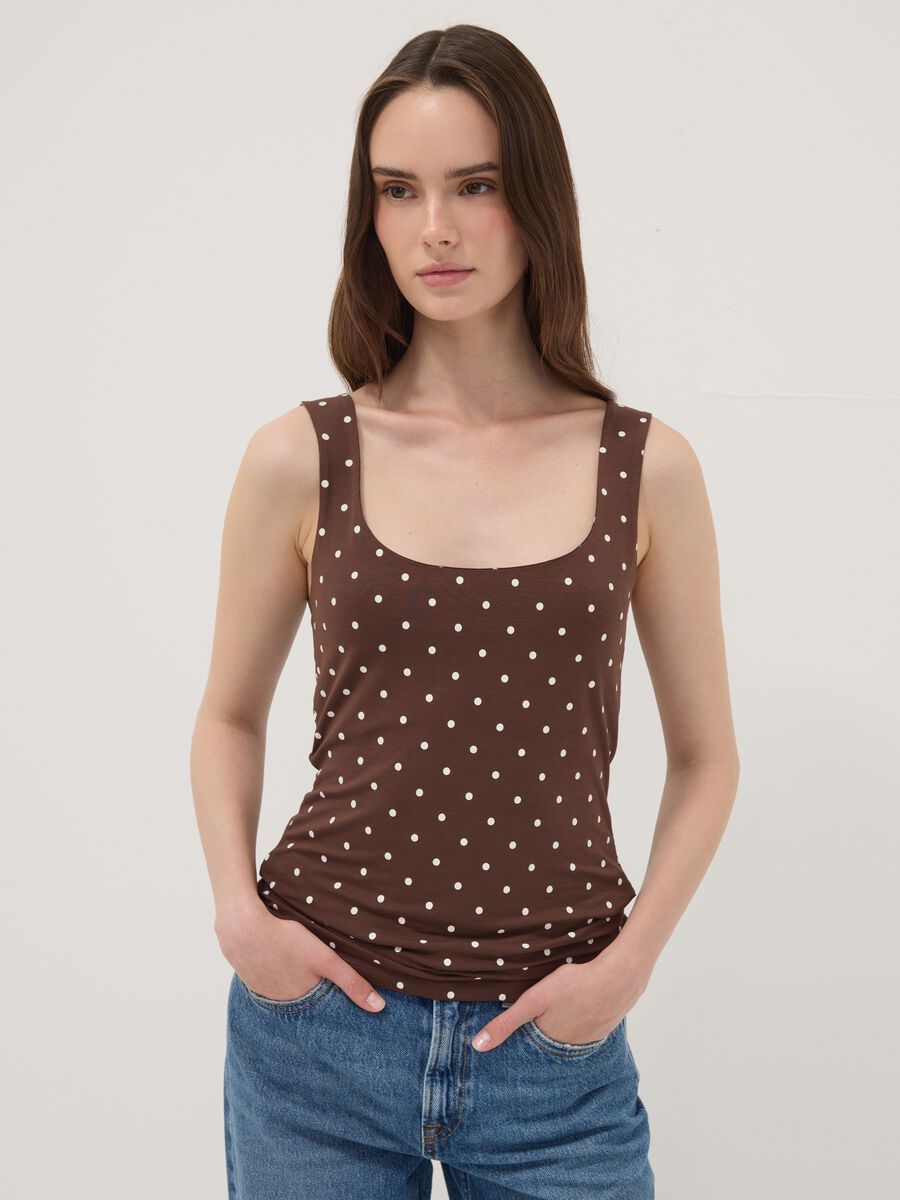 Brown fitted polka-dot stretch cotton top_0