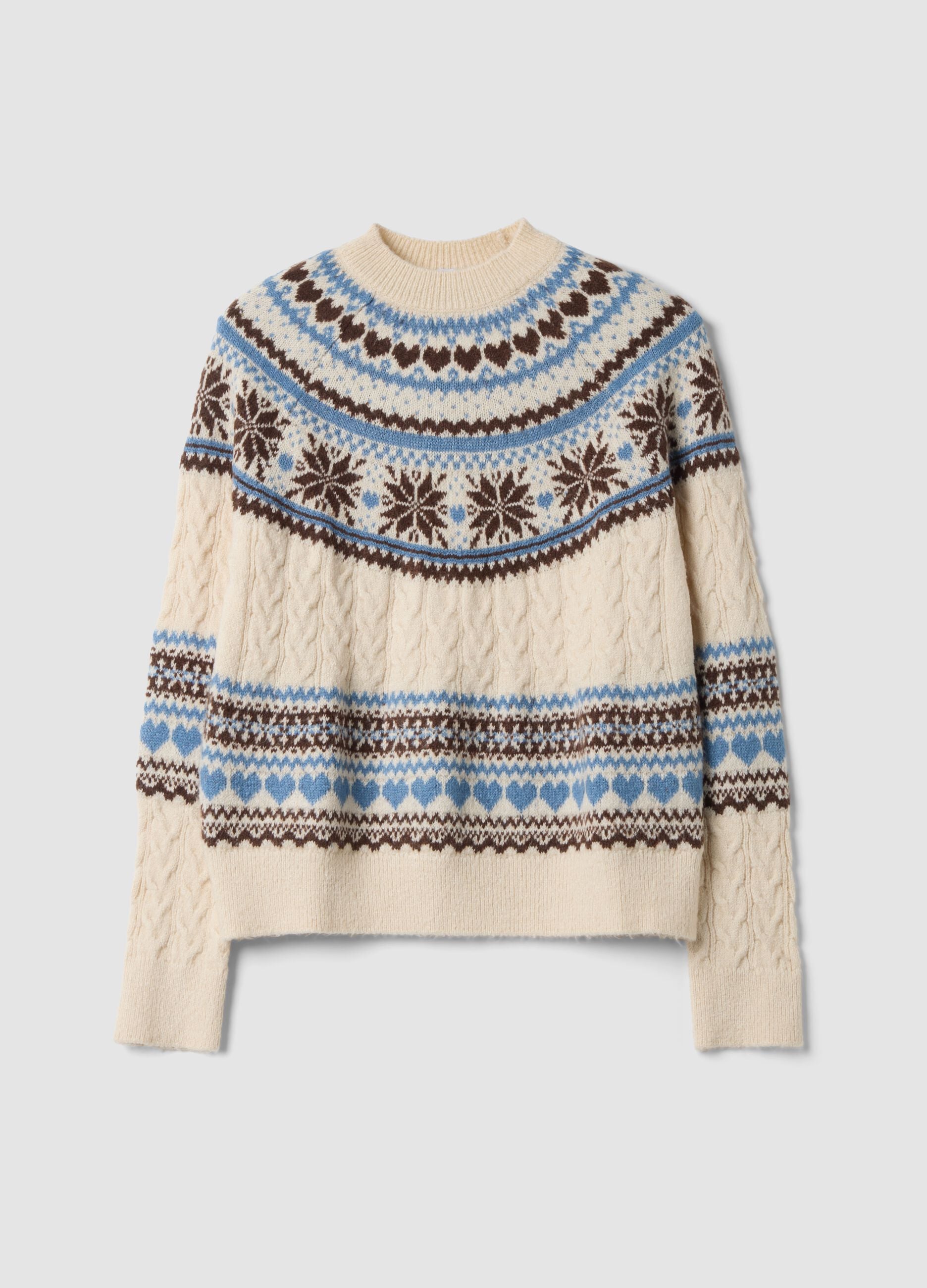 Beige jacquard crew-neck oversized jumper