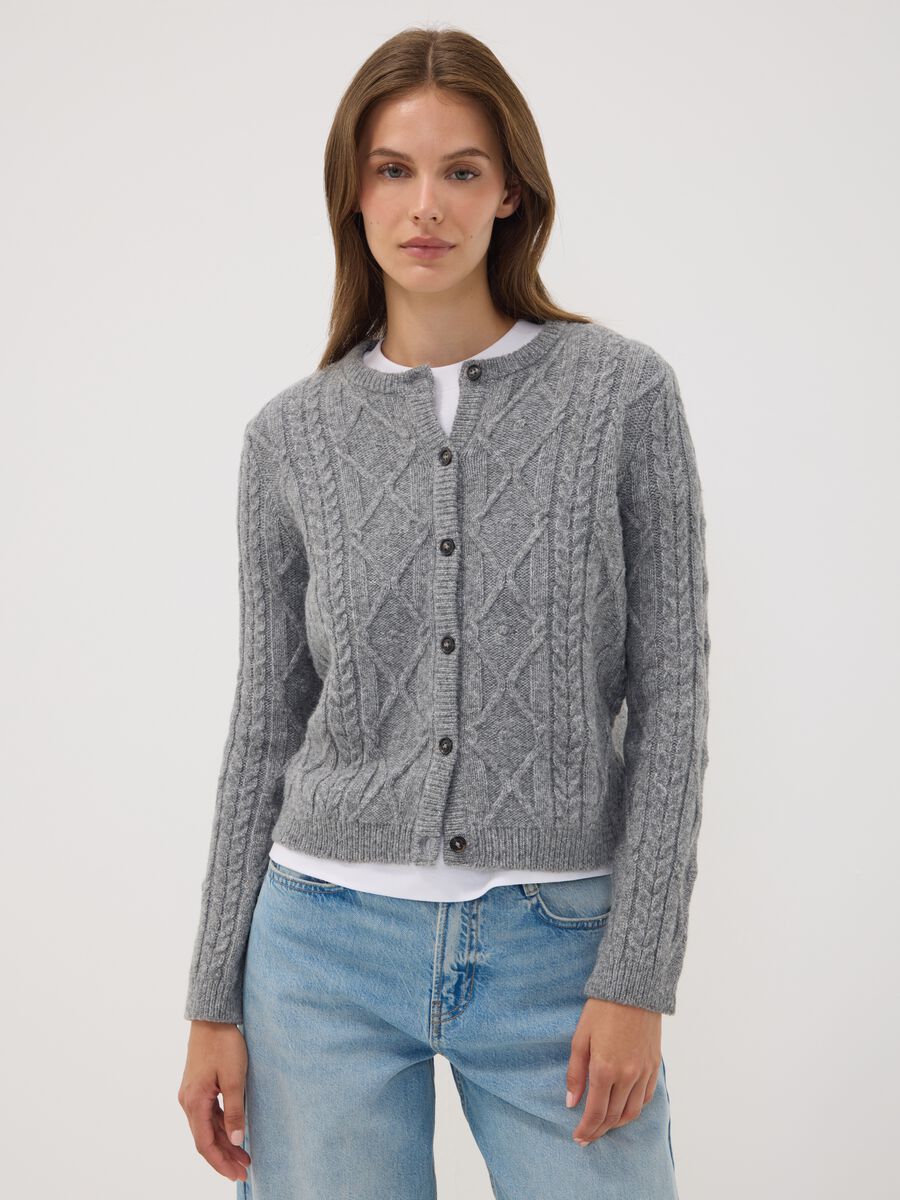 Grey cable-knit wool-blend cardigan_0