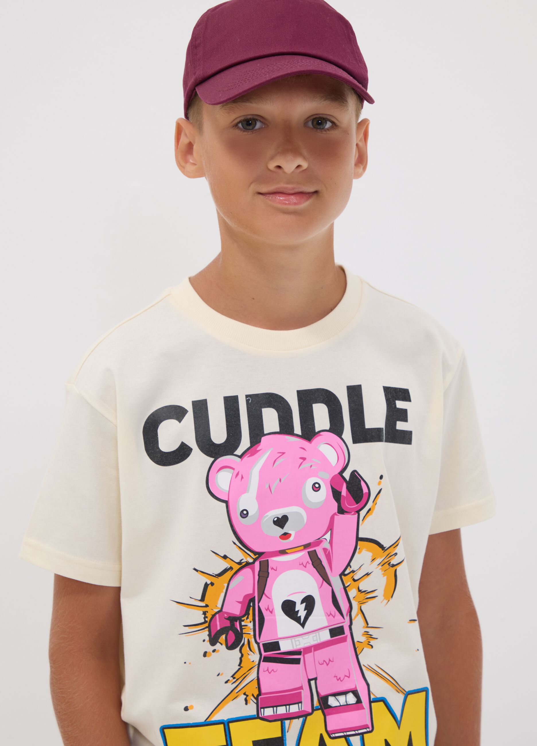 Children's regular fit beige pure cotton t-shirt with prints