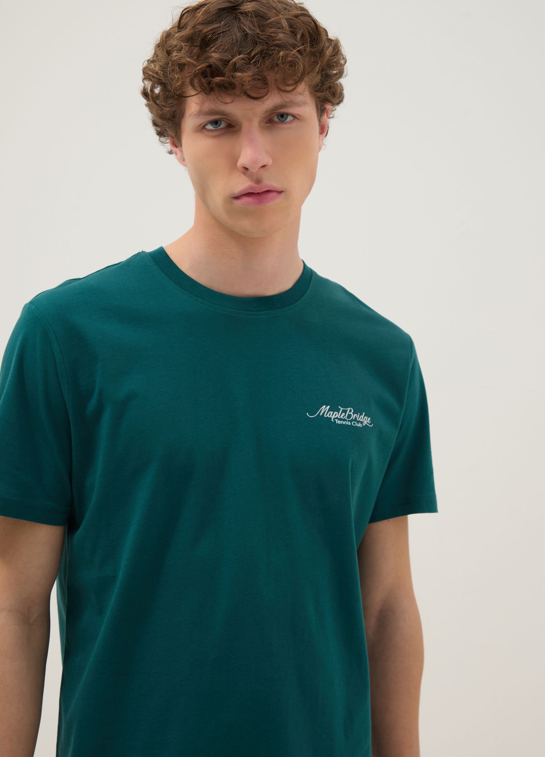 Green pure cotton T-shirt with slogan and back print, regular fit