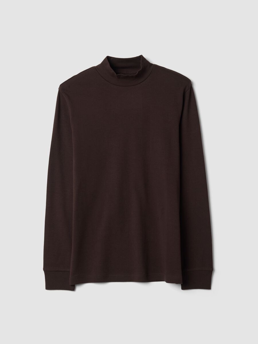 T-shirt marrone in puro cotone con collo rialzato strutturato_0