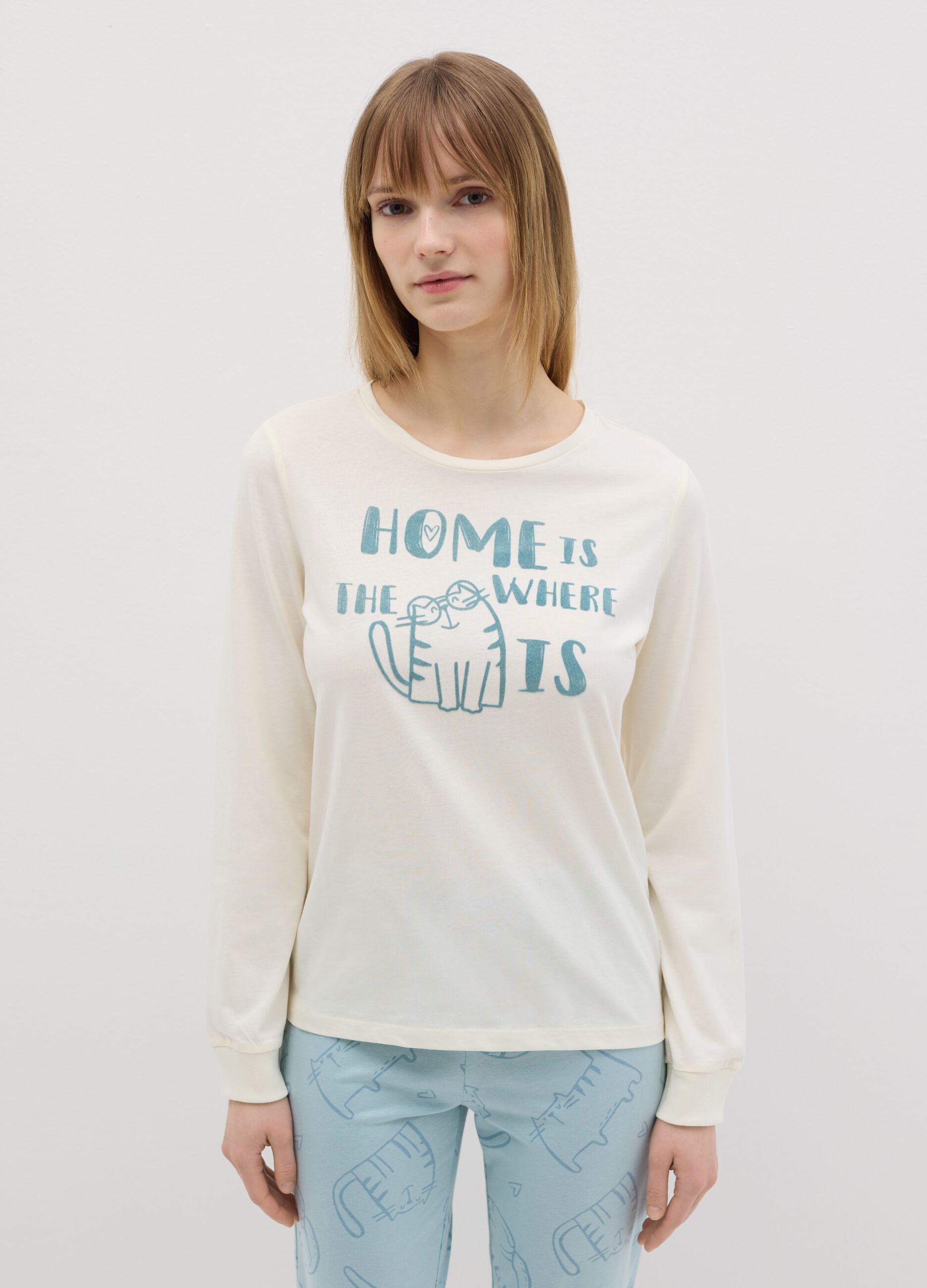 White and light blue cotton pyjamas with cat print