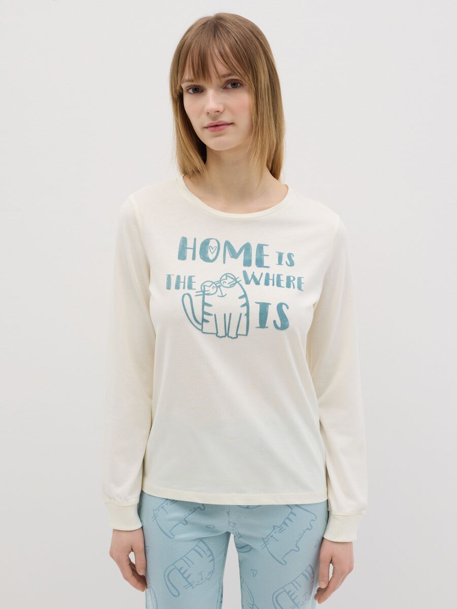 White and light blue cotton pyjamas with cat print_1