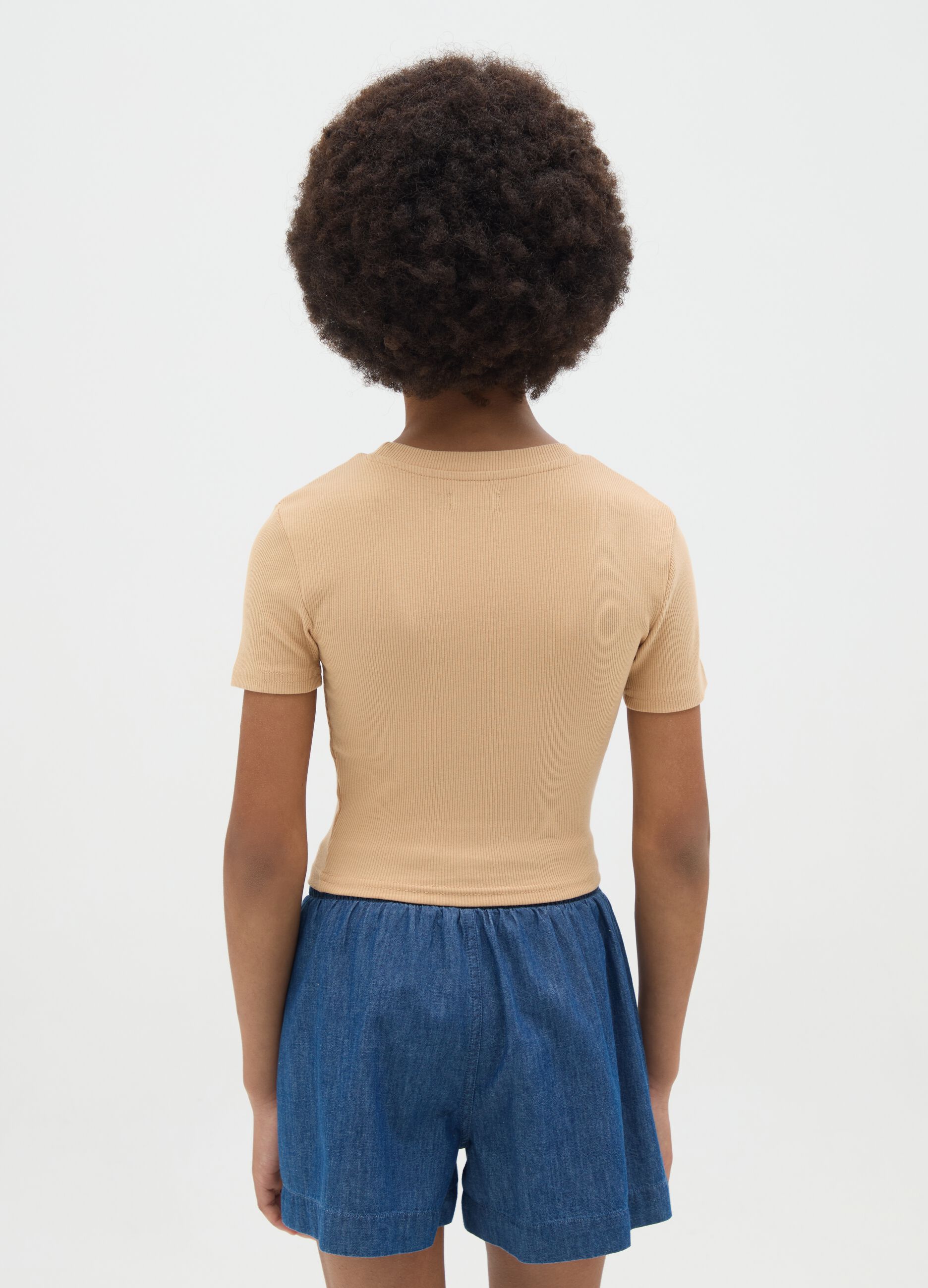 Girls' fitted beige stretch cotton t-shirt