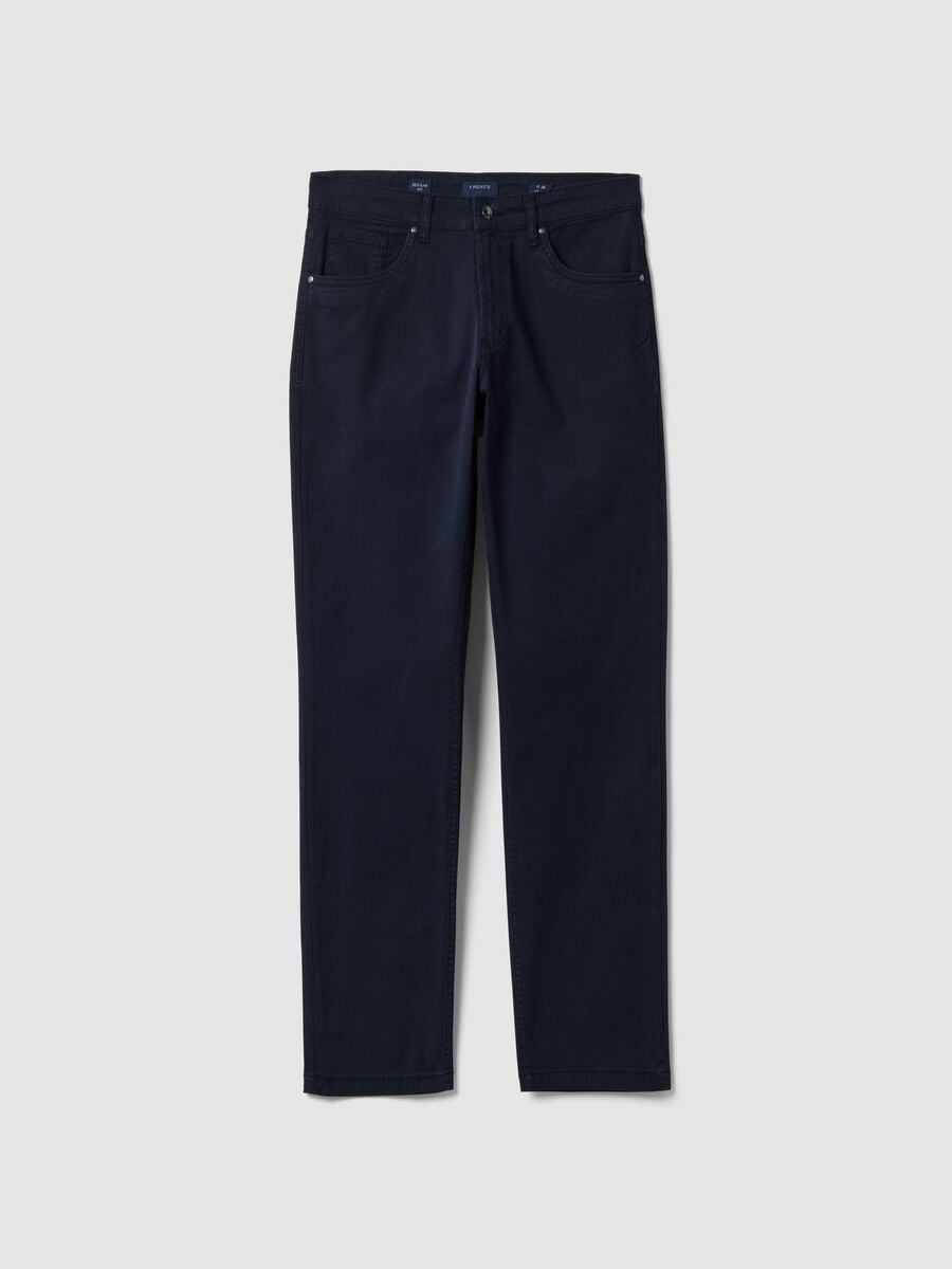 Pantaloni blu in twill di cotone elasticizzato regular fit_0