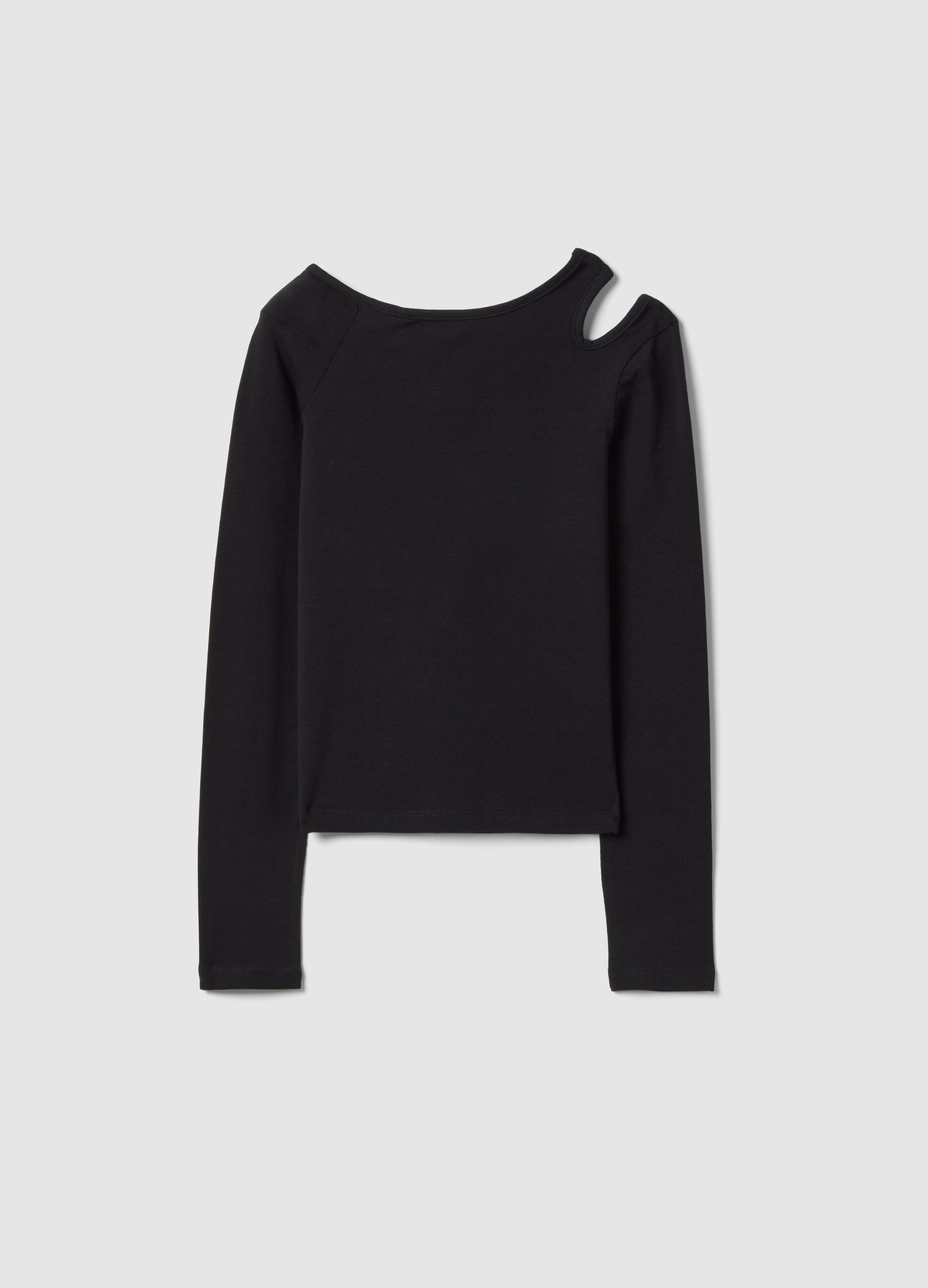 Black cotton blend slim fit girl's top with boat neckline