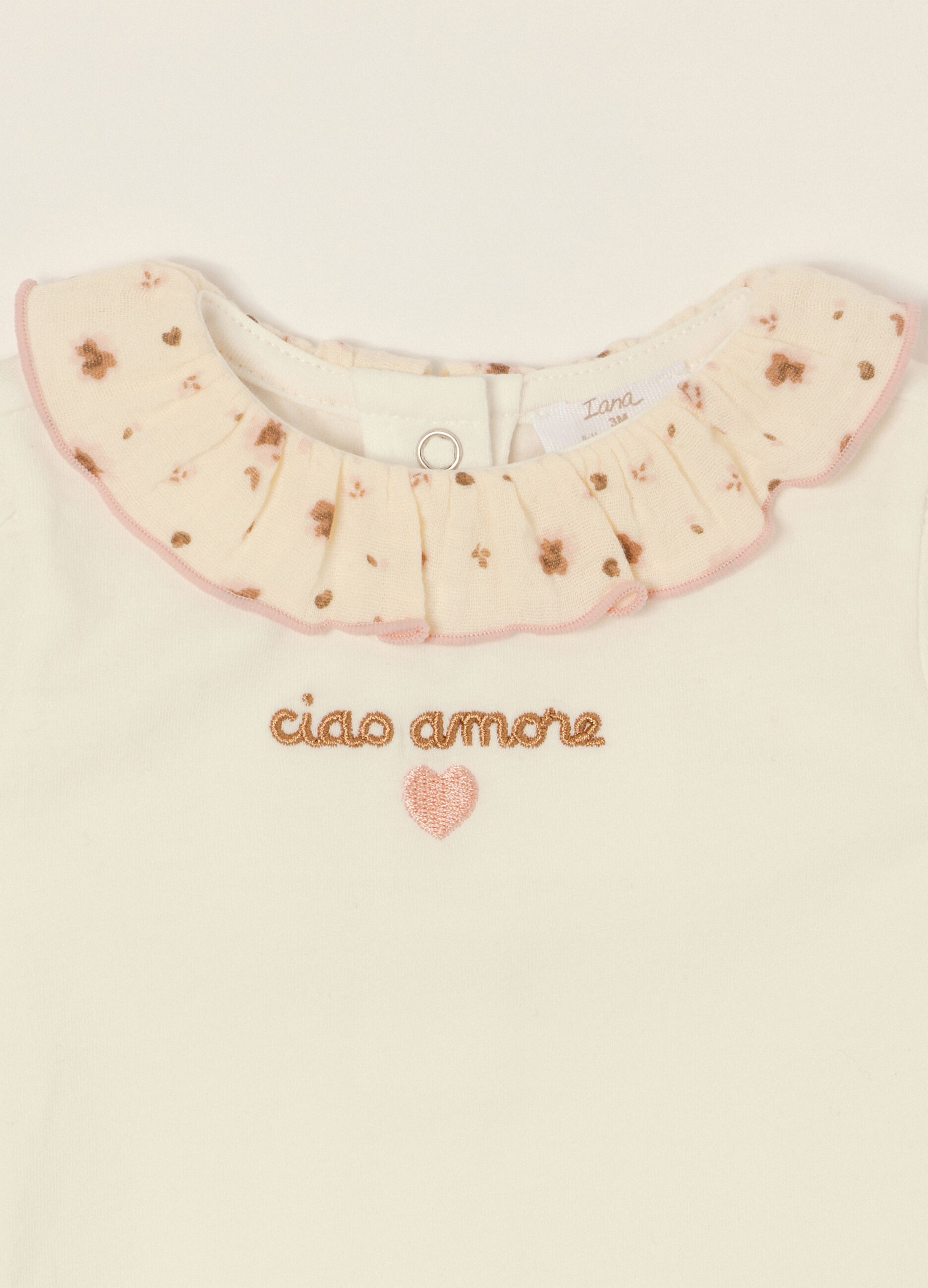 White stretch cotton baby girl bodysuit with decorated collar