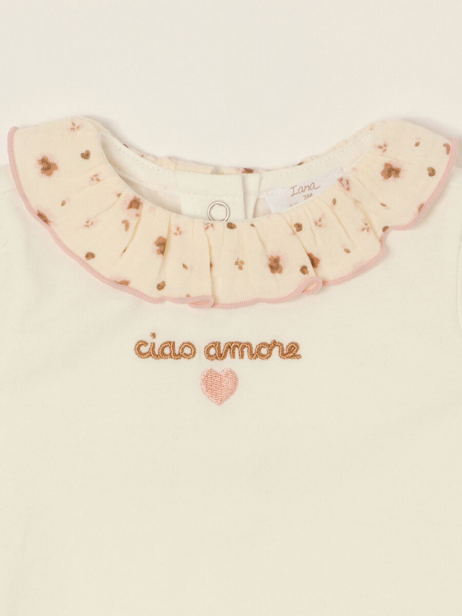 White stretch cotton baby girl bodysuit with decorated collar_1