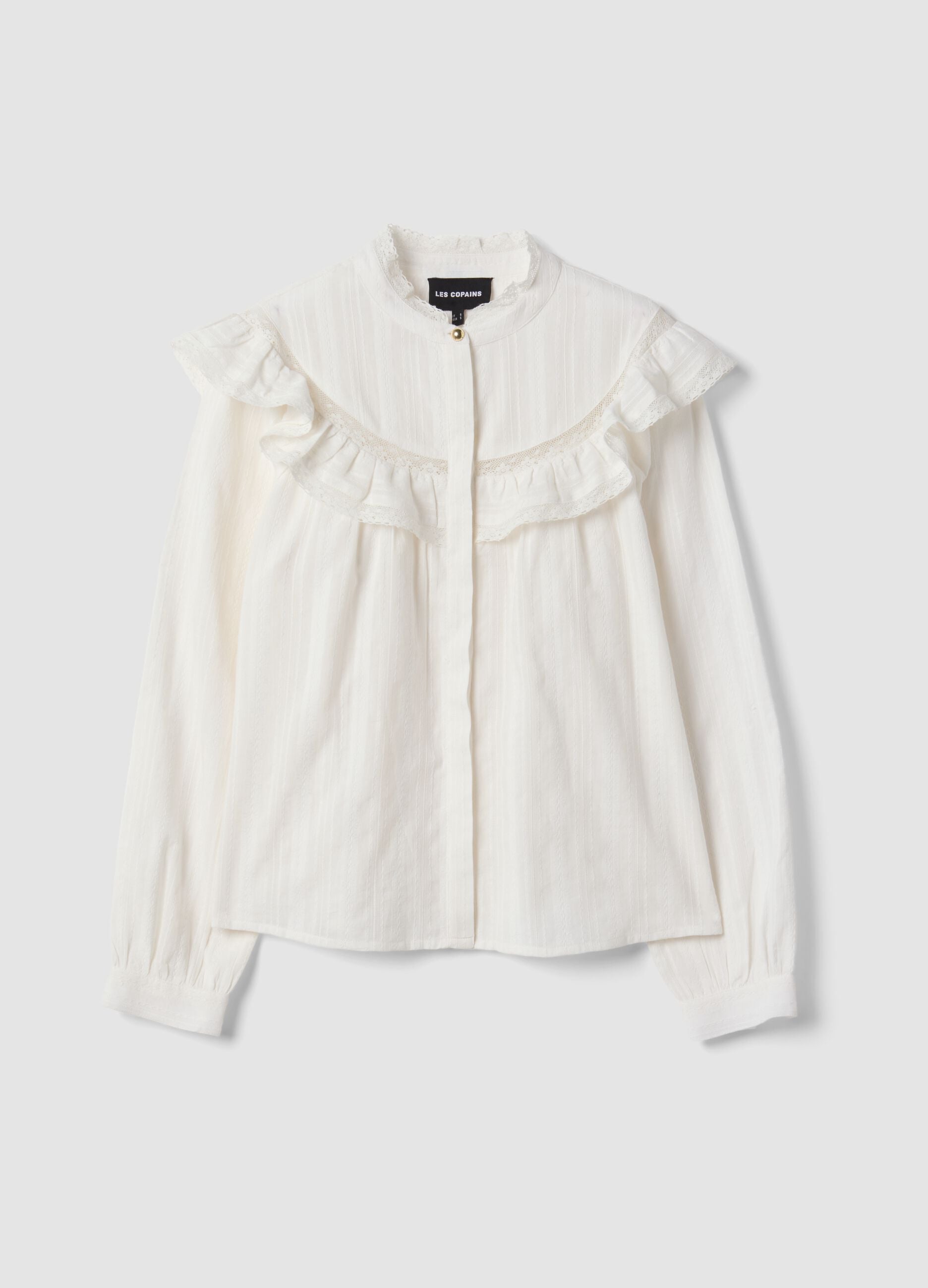 Camicia bianca in puro cotone con collo coreano e volant