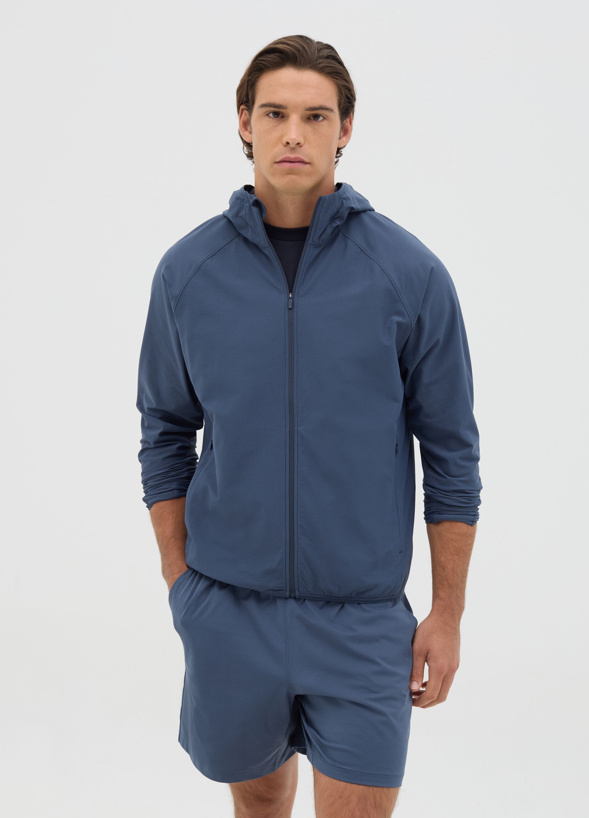 Full-zip sweatshirt in technical fabric with hood