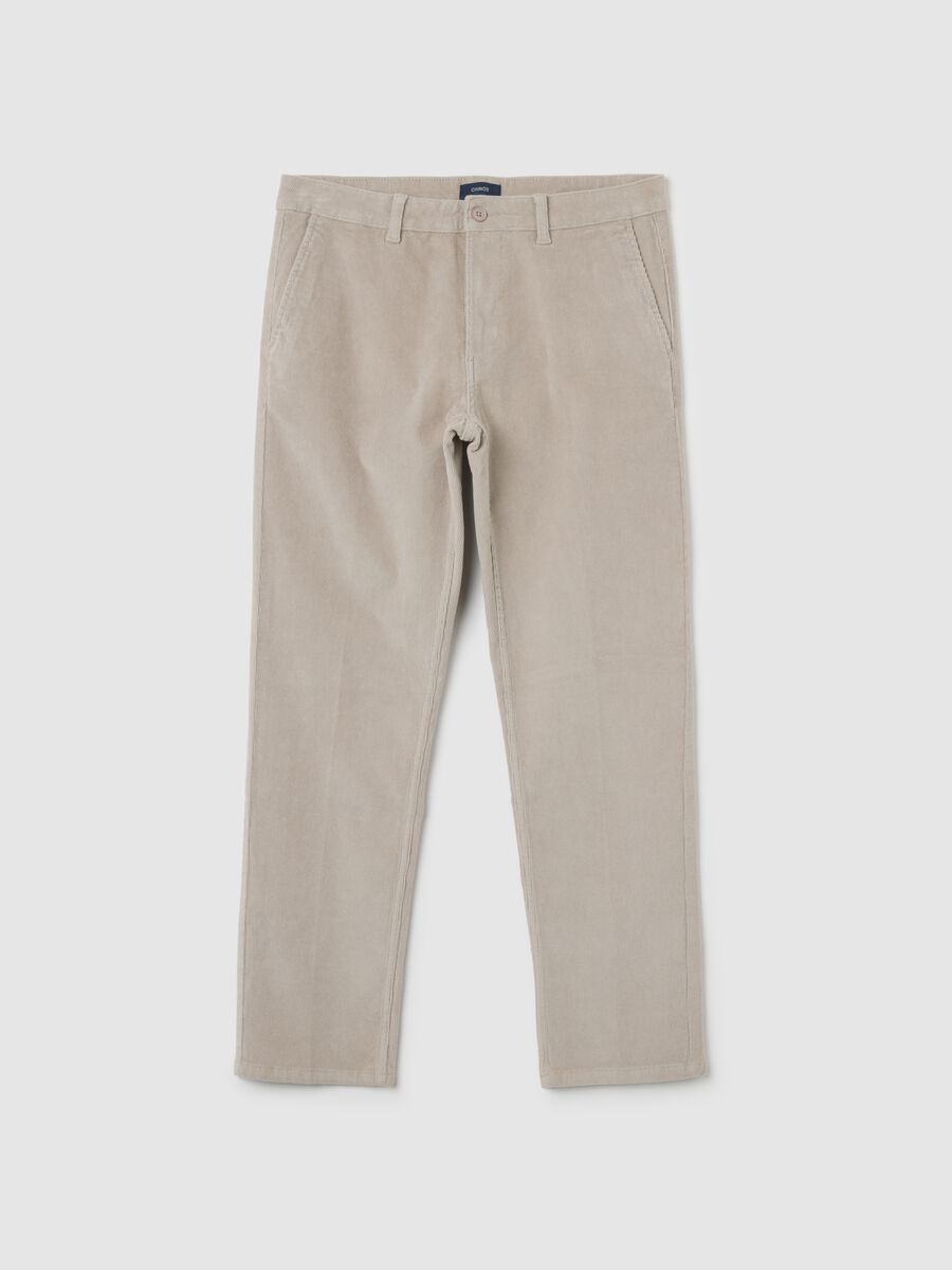 Pantaloni beige in cotone elasticizzato a coste strette regular fit_0