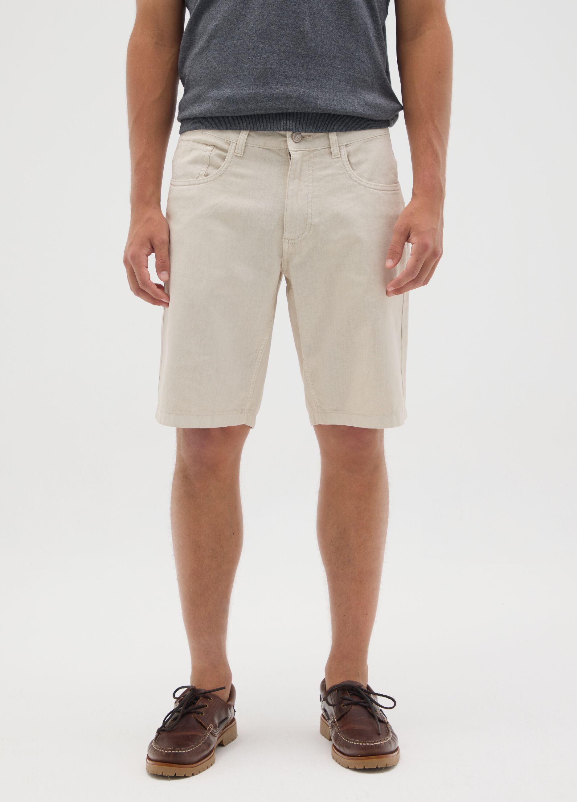Men's beige regular fit cotton blend shorts