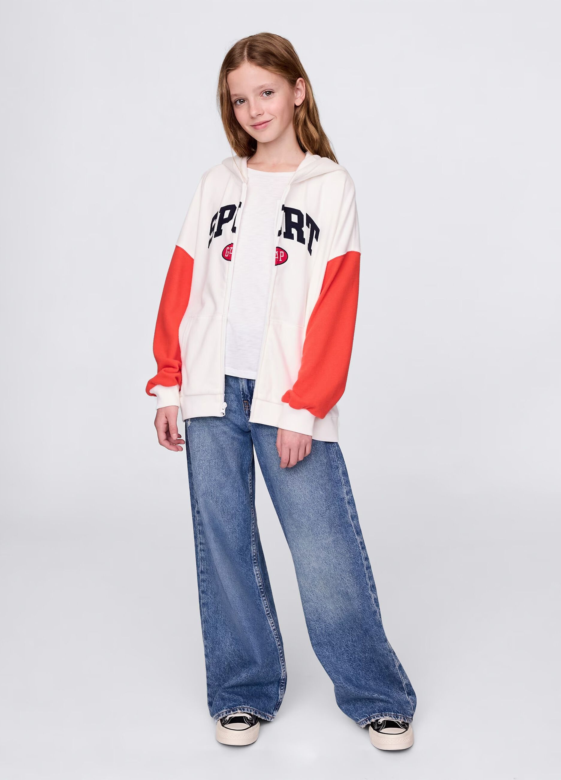 White and red full-zip sweatshirt with hood and logo embroidery