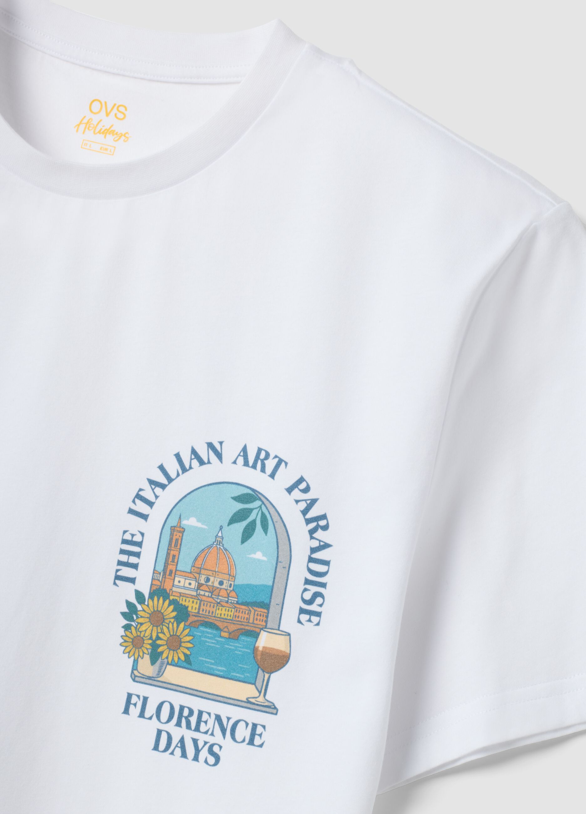 White pure cotton T-shirt with graphic print, regular fit