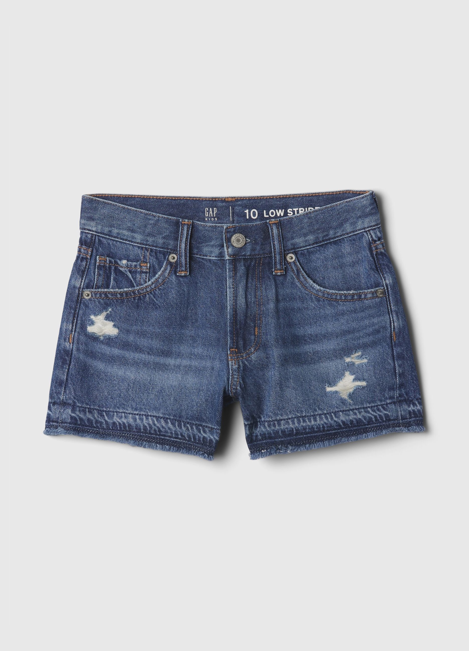 Shorts in denim con abrasioni a vita bassa