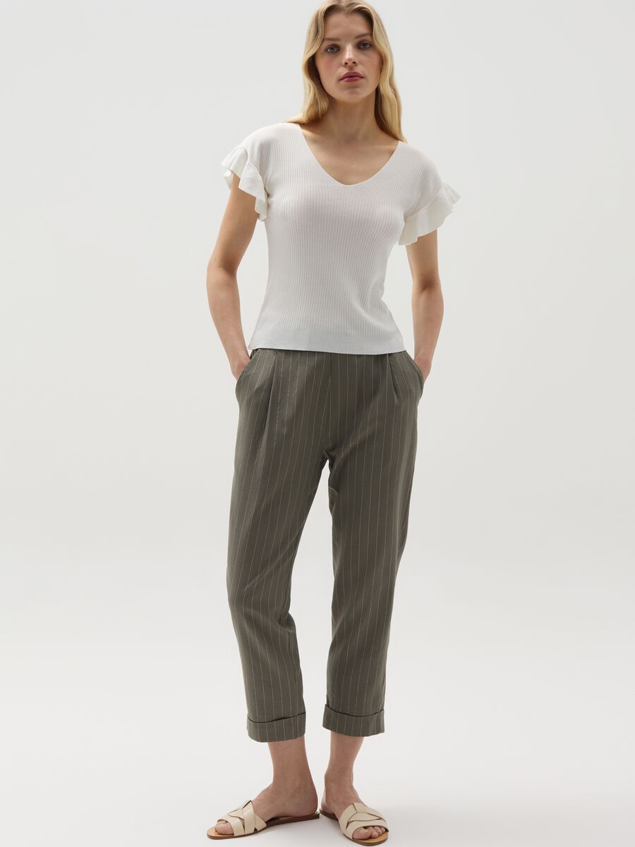 Cropped pinstriped cigarette trousers_0