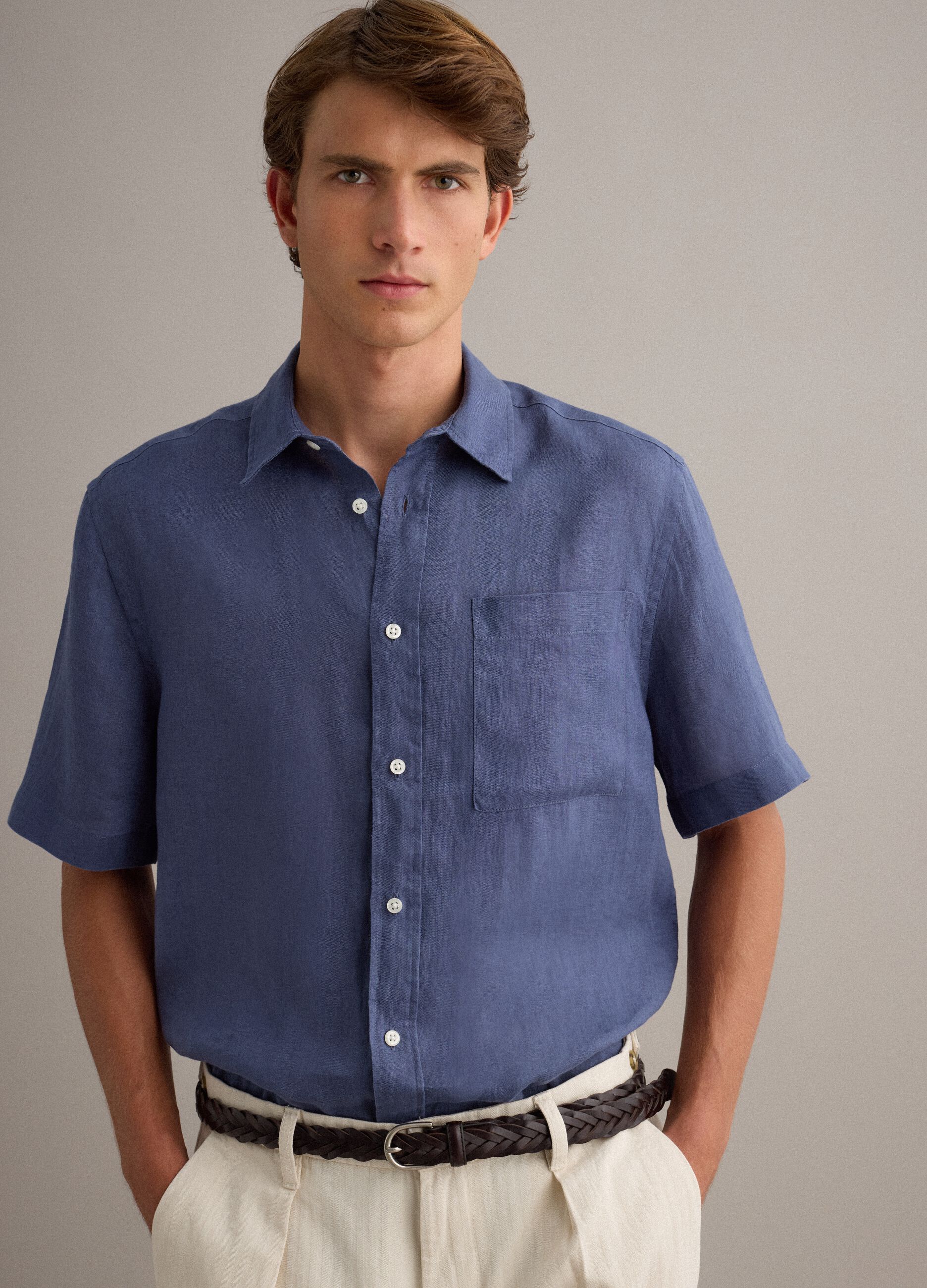 Blue Pure Linen Regular Fit Shirt
