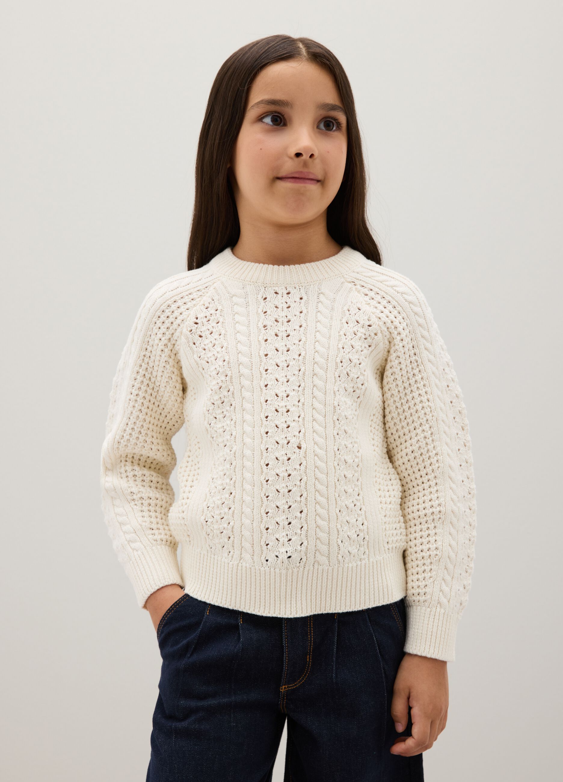 Maglione da ragazza in misto cotone beige regular fit