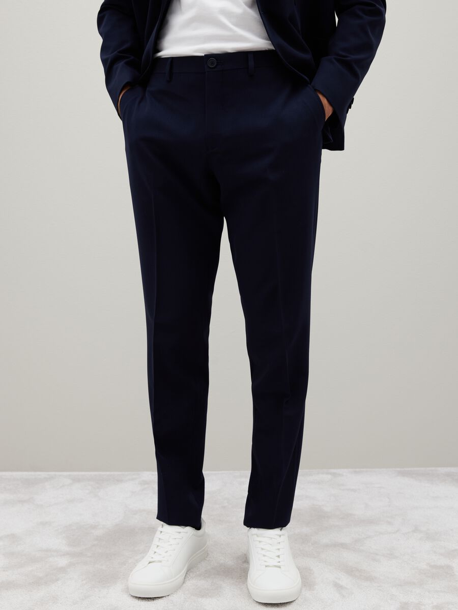 Blue Stretch Fabric Slim Fit Trousers_1