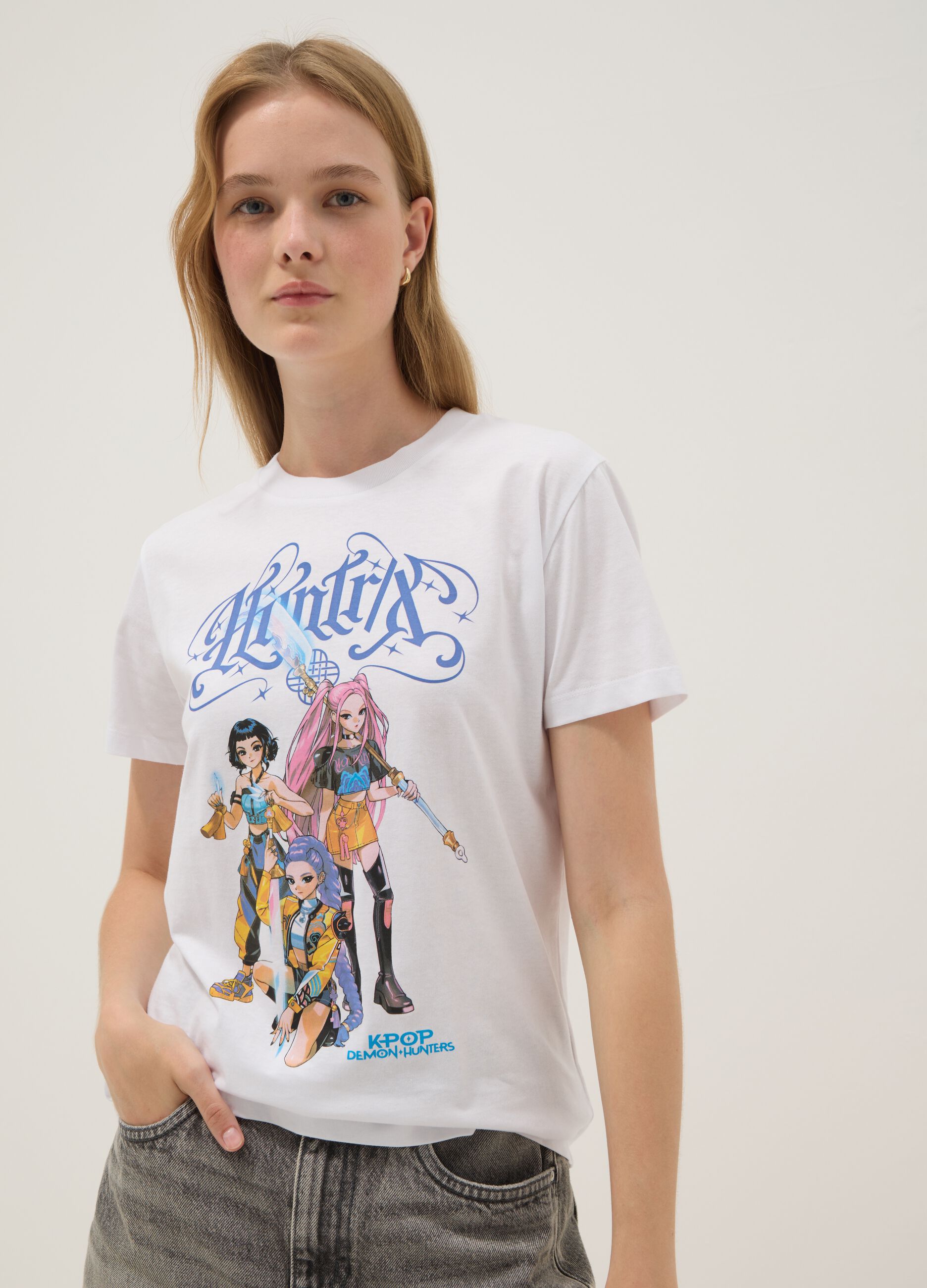 T-shirt in puro cotone bianca regular fit con stampa K-Pop Demon Hunters