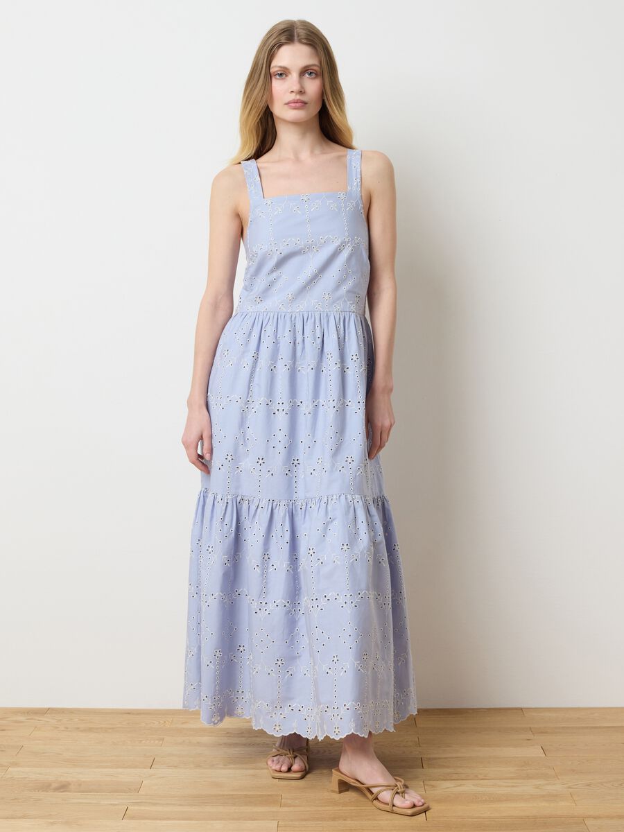 Women's long blue pure cotton dress with wide fit and ruffles_0