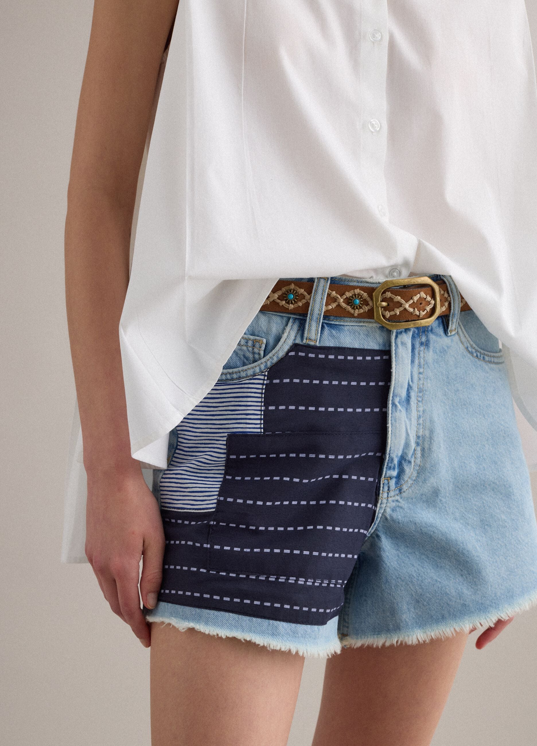 Light blue pure-cotton denim shorts with patchwork inserts