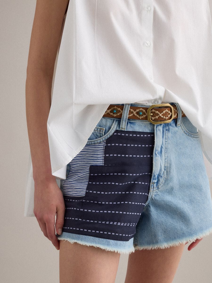 Light blue pure-cotton denim shorts with patchwork inserts_3