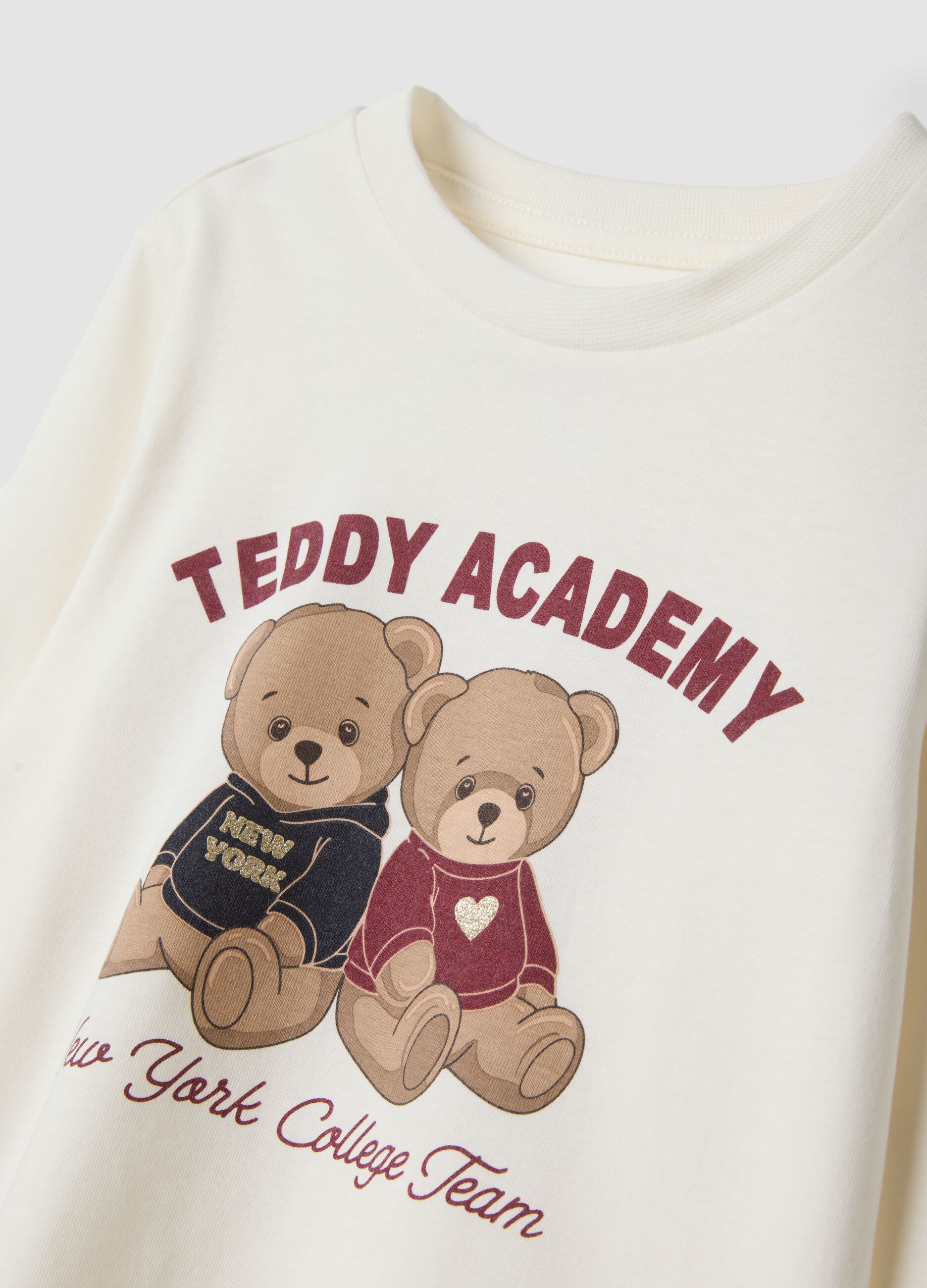 White pure organic cotton T-shirt with teddy print for girls