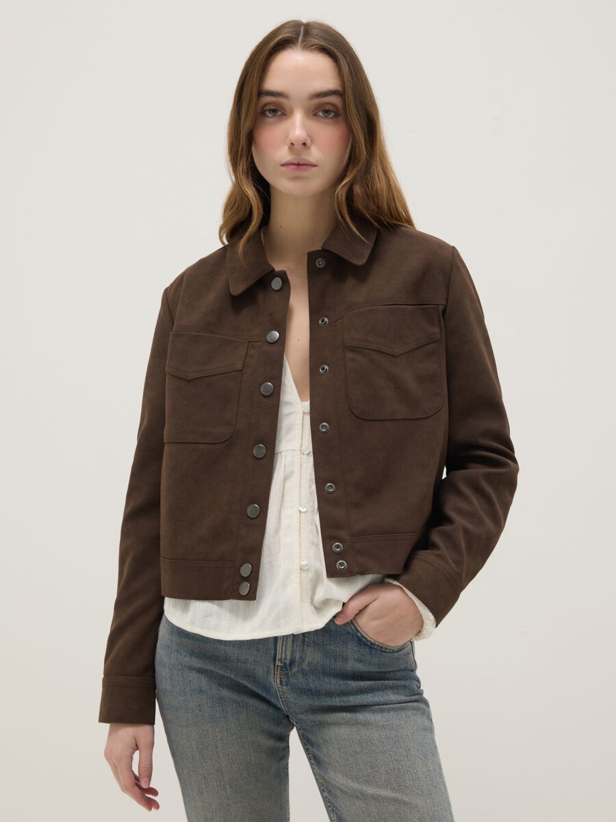 Brown regular fit jacket with snap buttons and chest pockets_1