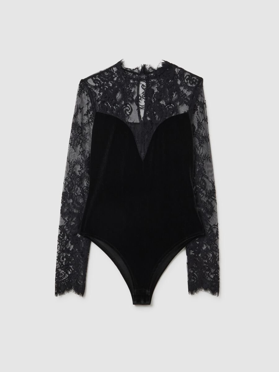 Black stretch fabric bodysuit with sheer details_4