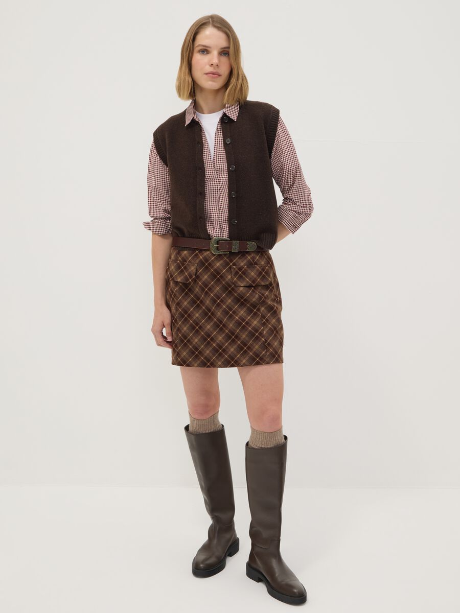 Brown stretch viscose checked skirt_0