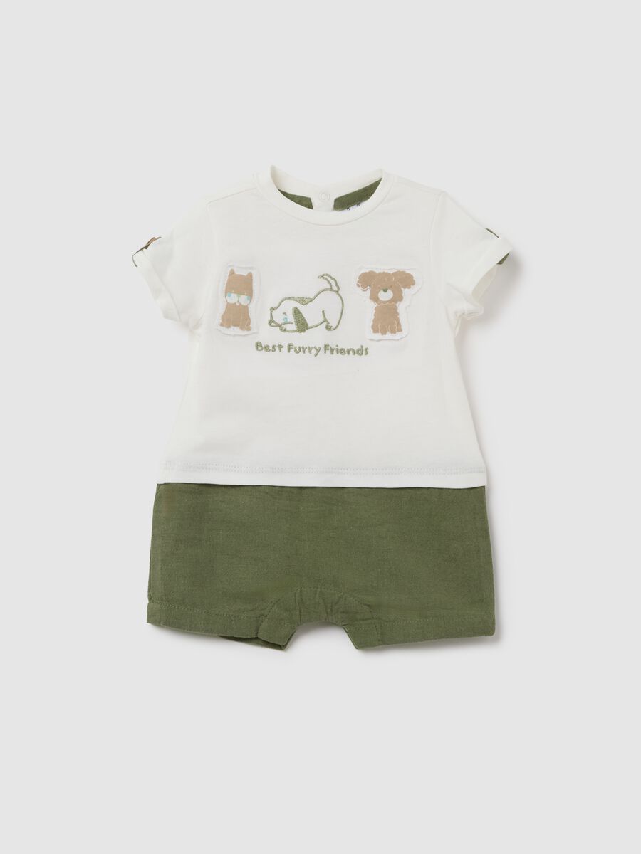 White and green cotton and linen romper_0