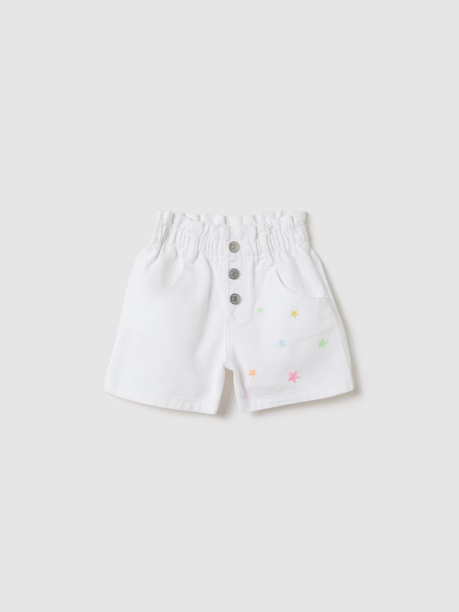 White paper bag shorts with embroidery_0