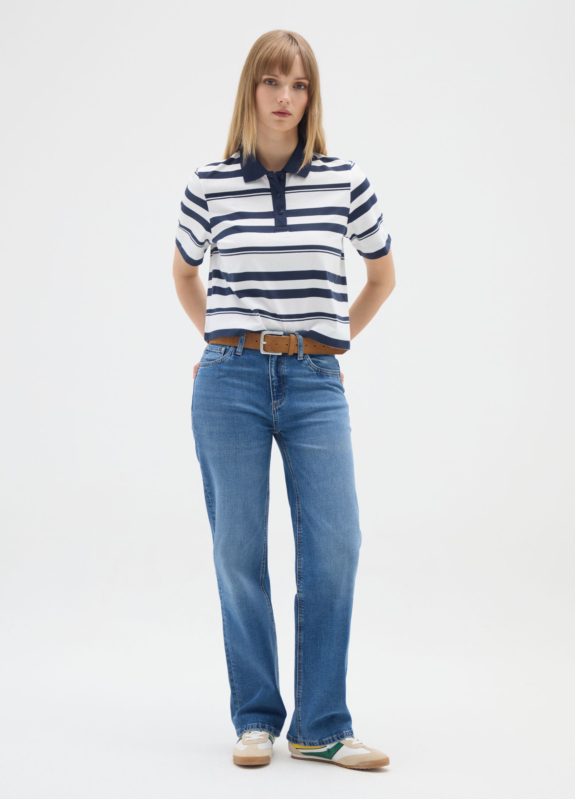 White and blue striped cotton polo shirt