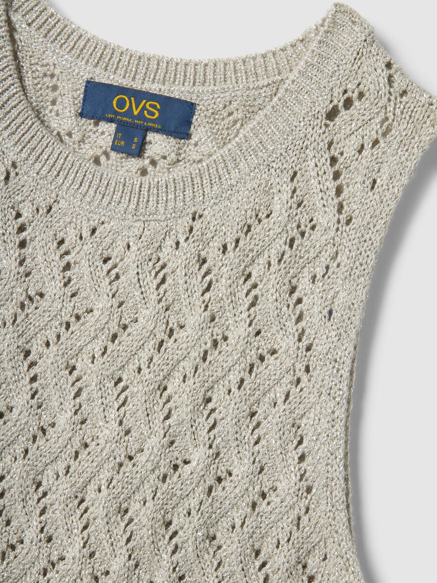 Beige viscose blend regular fit perforated top with fringes_5