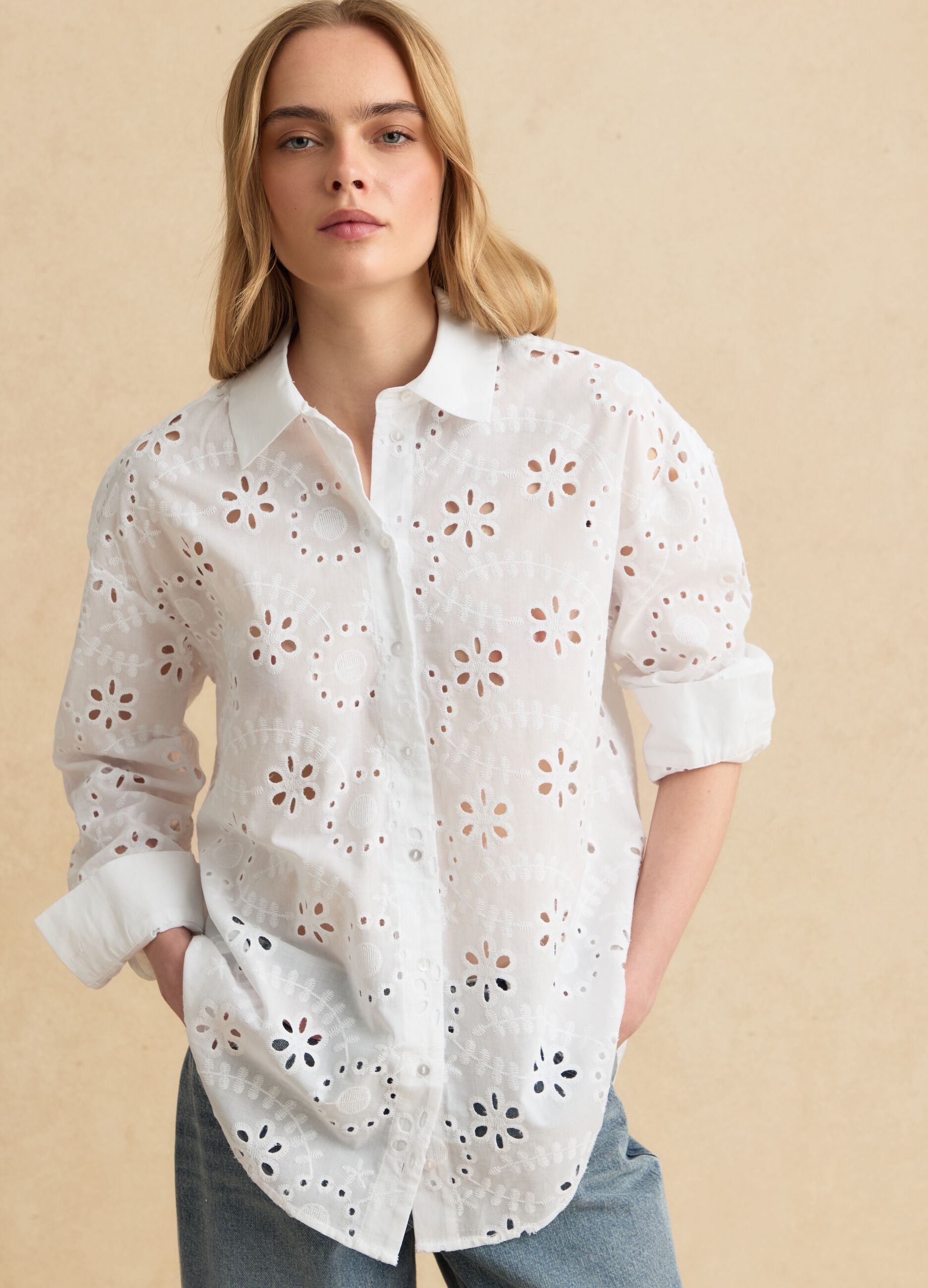 White pure cotton broderie anglaise shirt