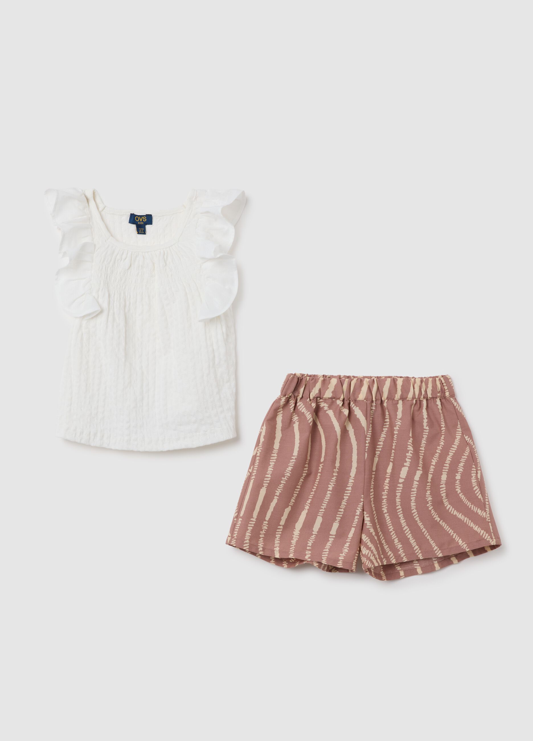 Set da bambina in cotone elasticizzato con top bianco e pantaloncini marroni regular fit