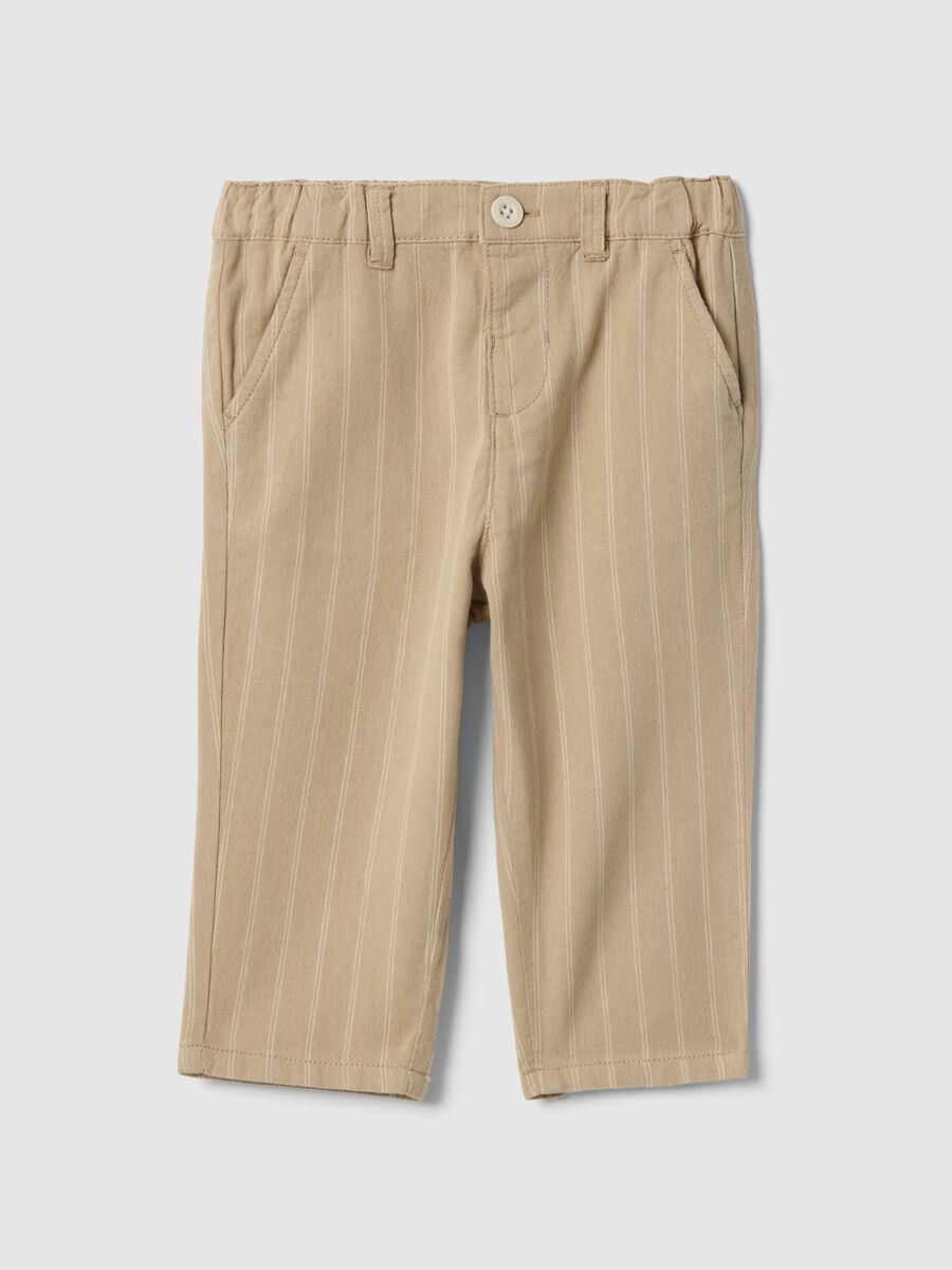 Beige striped pure cotton trousers for baby regular fit_0