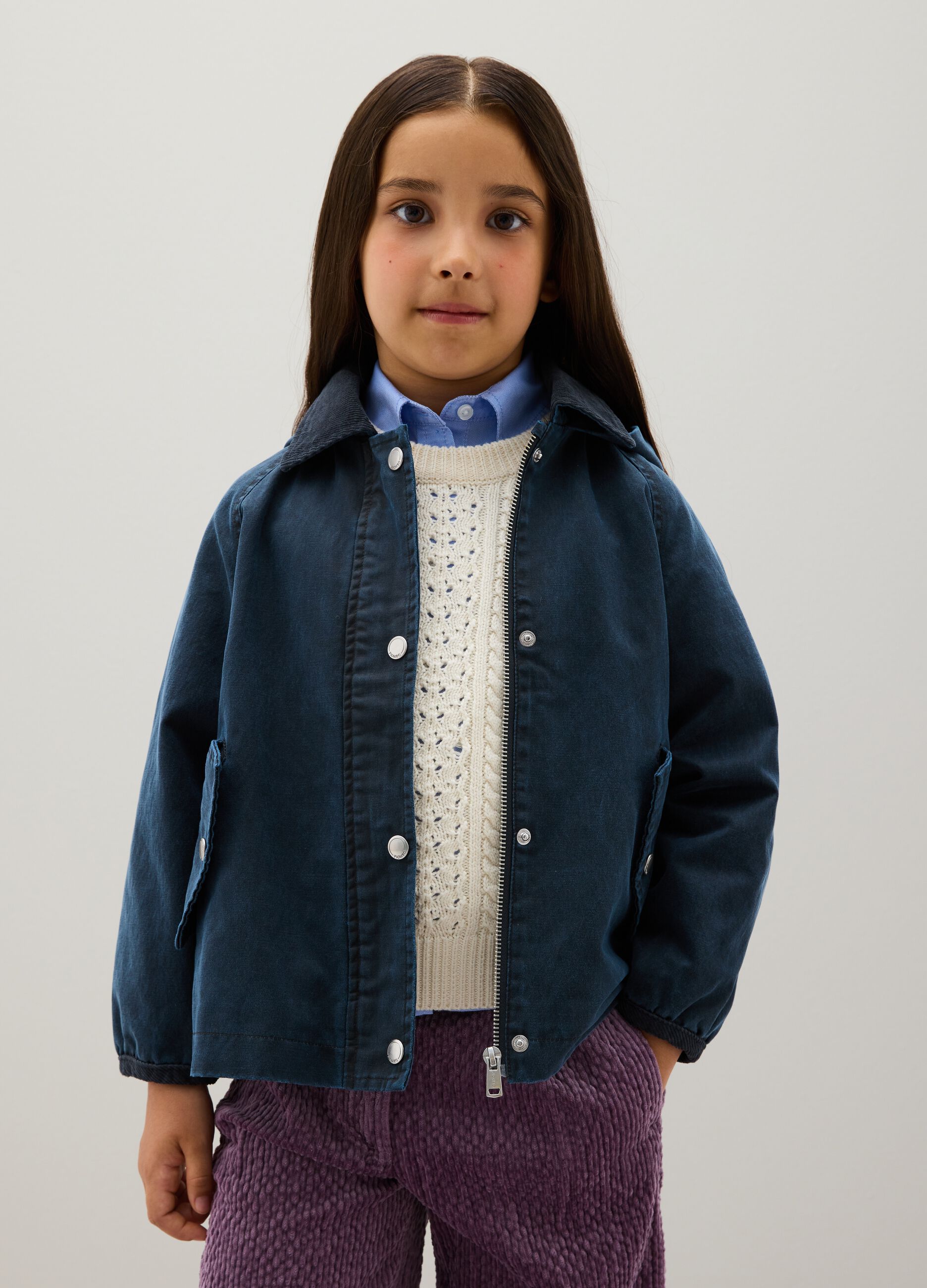 Girls' blue cotton blend jacket with regular fit