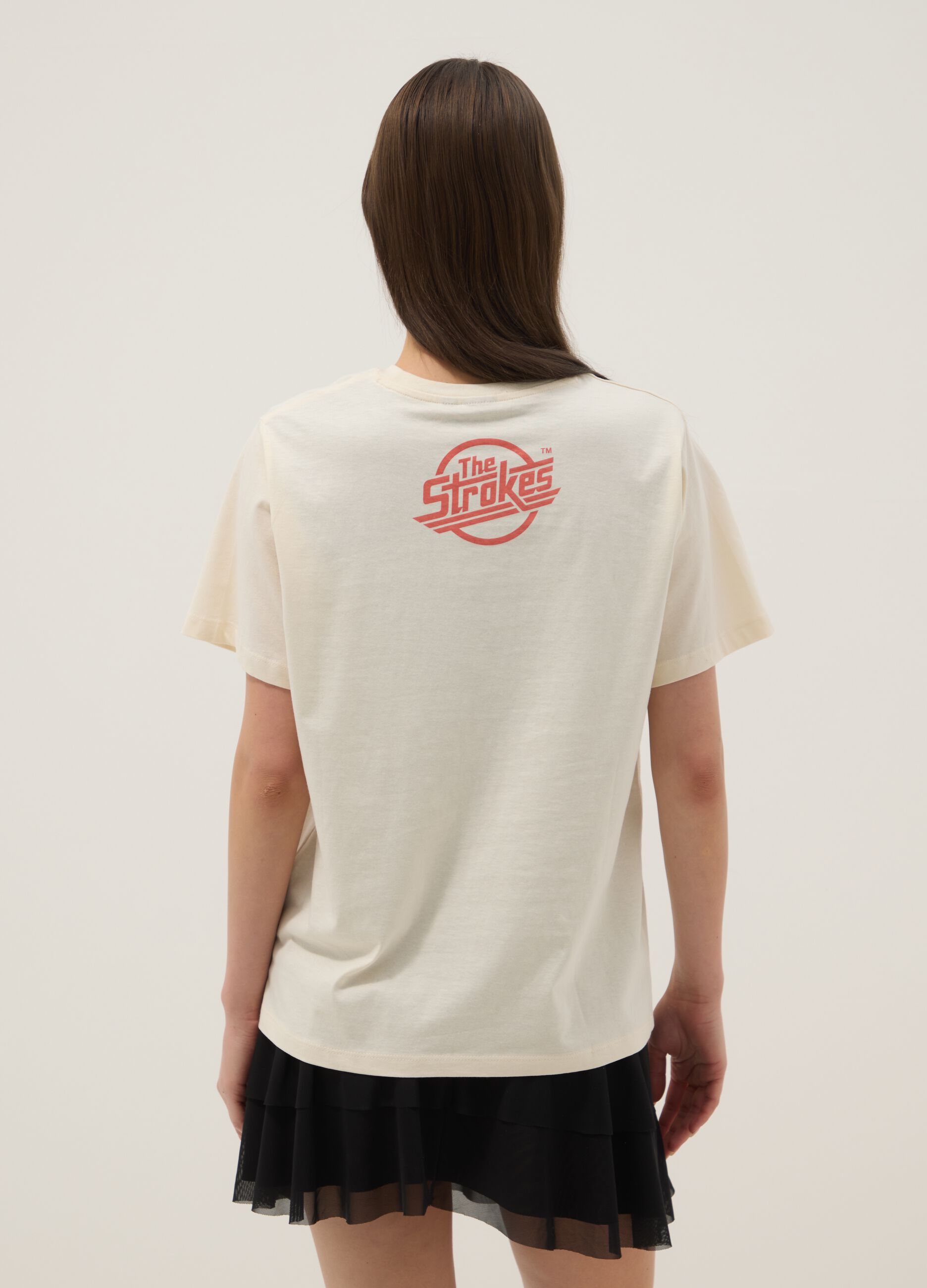 Beige pure cotton T-shirt with oversized print, relaxed fit