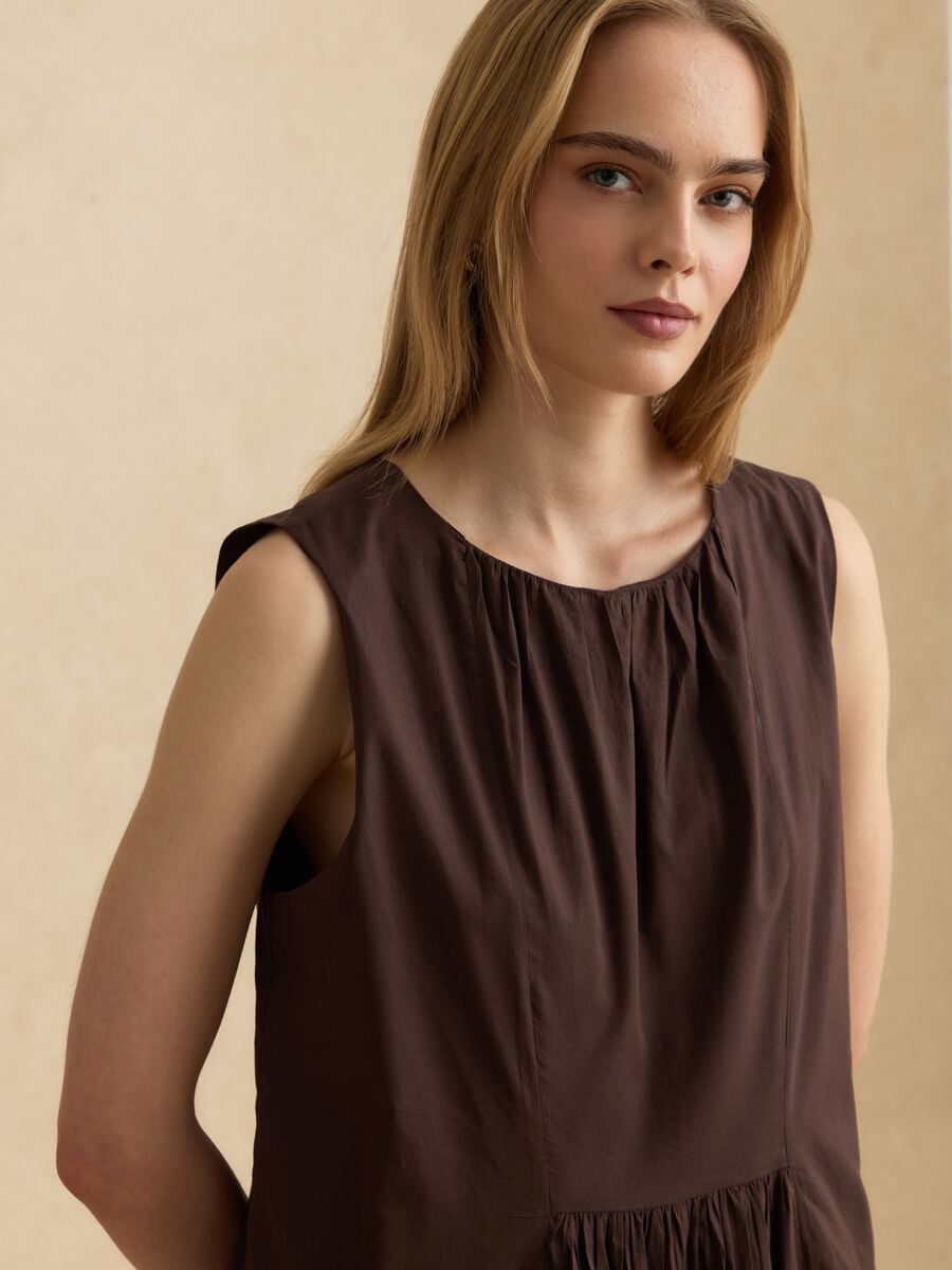 Abito midi marrone in puro cotone regular fit con arricciature_2