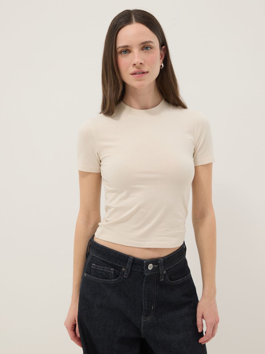 Beige slim fit stretch cotton t-shirt_1
