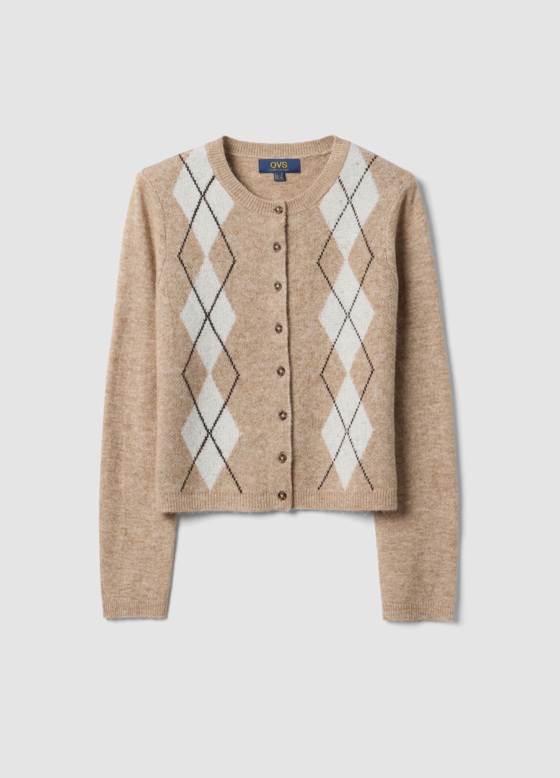 Beige jacquard stretch wool crew-neck cardigan, regular fit