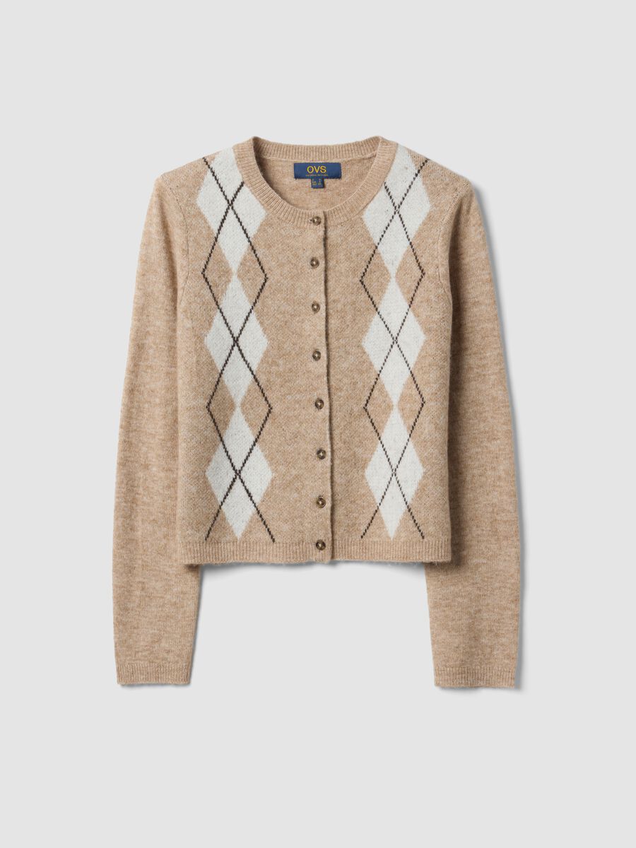 Cardigan beige in lana elasticizzata jacquard girocollo regular fit_4