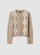 Beige jacquard stretch wool crew-neck cardigan, regular fit_4