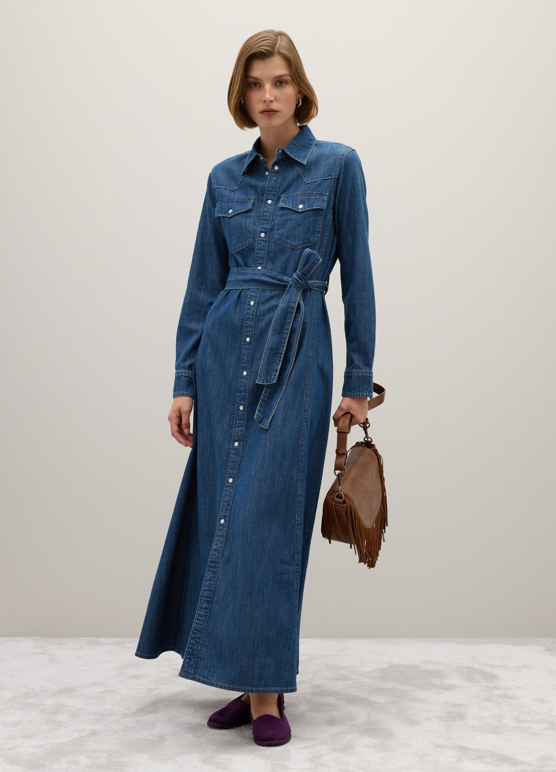 Long pure cotton denim dress with zip and belt