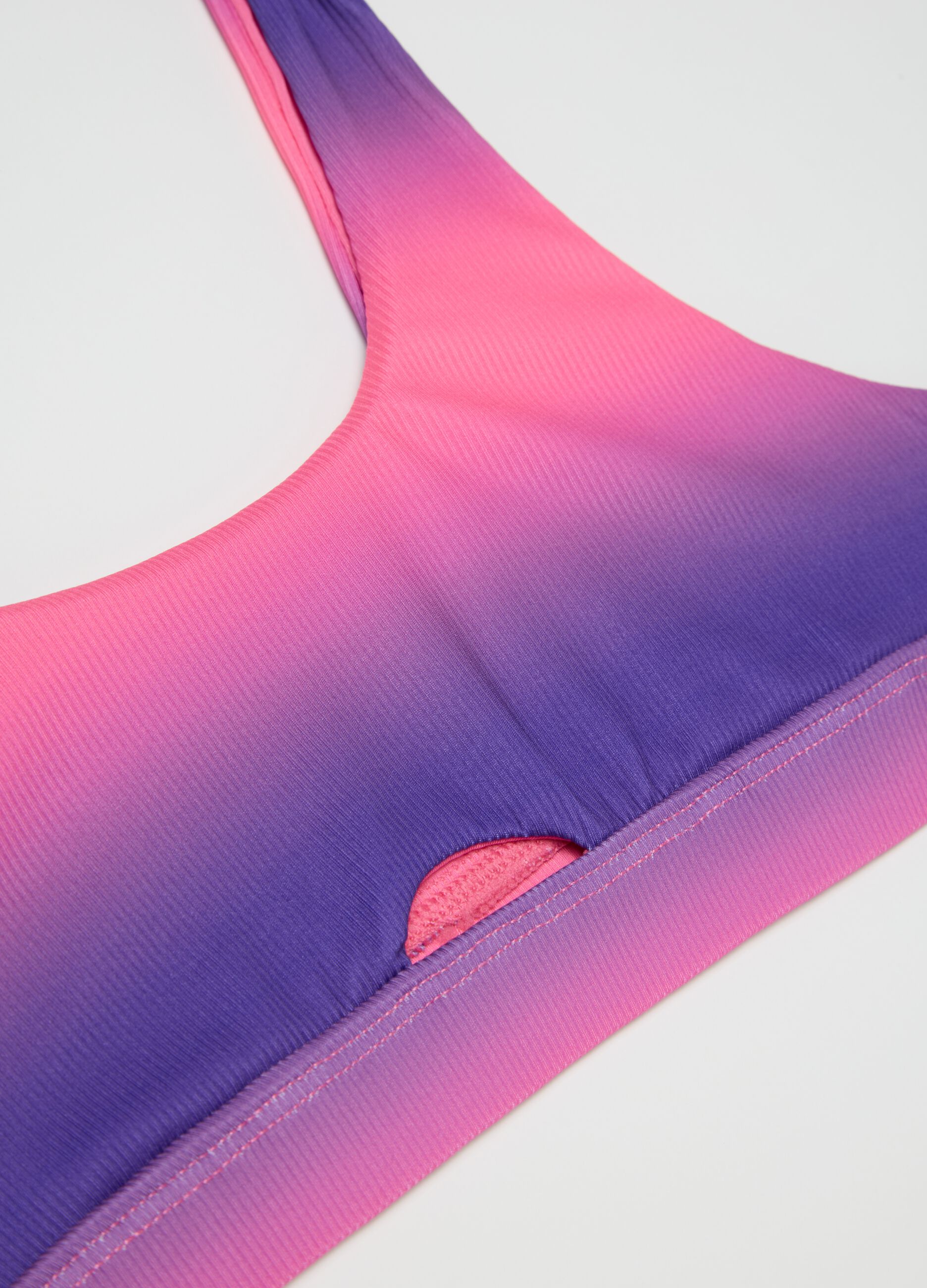 Girls' bikini in multicolour stretch fabric with dual-tone pink and purple and high-waisted bottoms