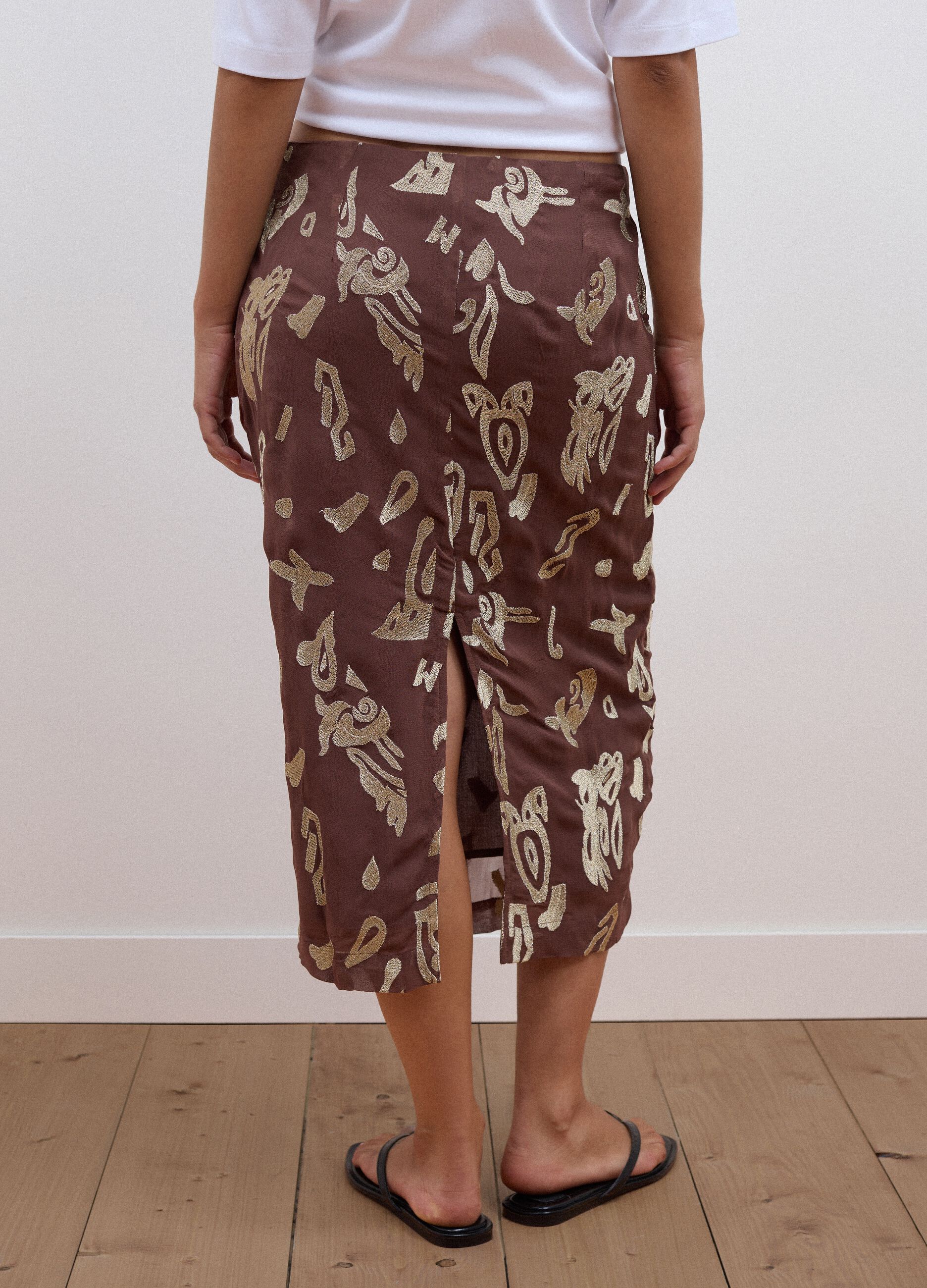 Brown midi skirt in pure viscose with embroidered motif