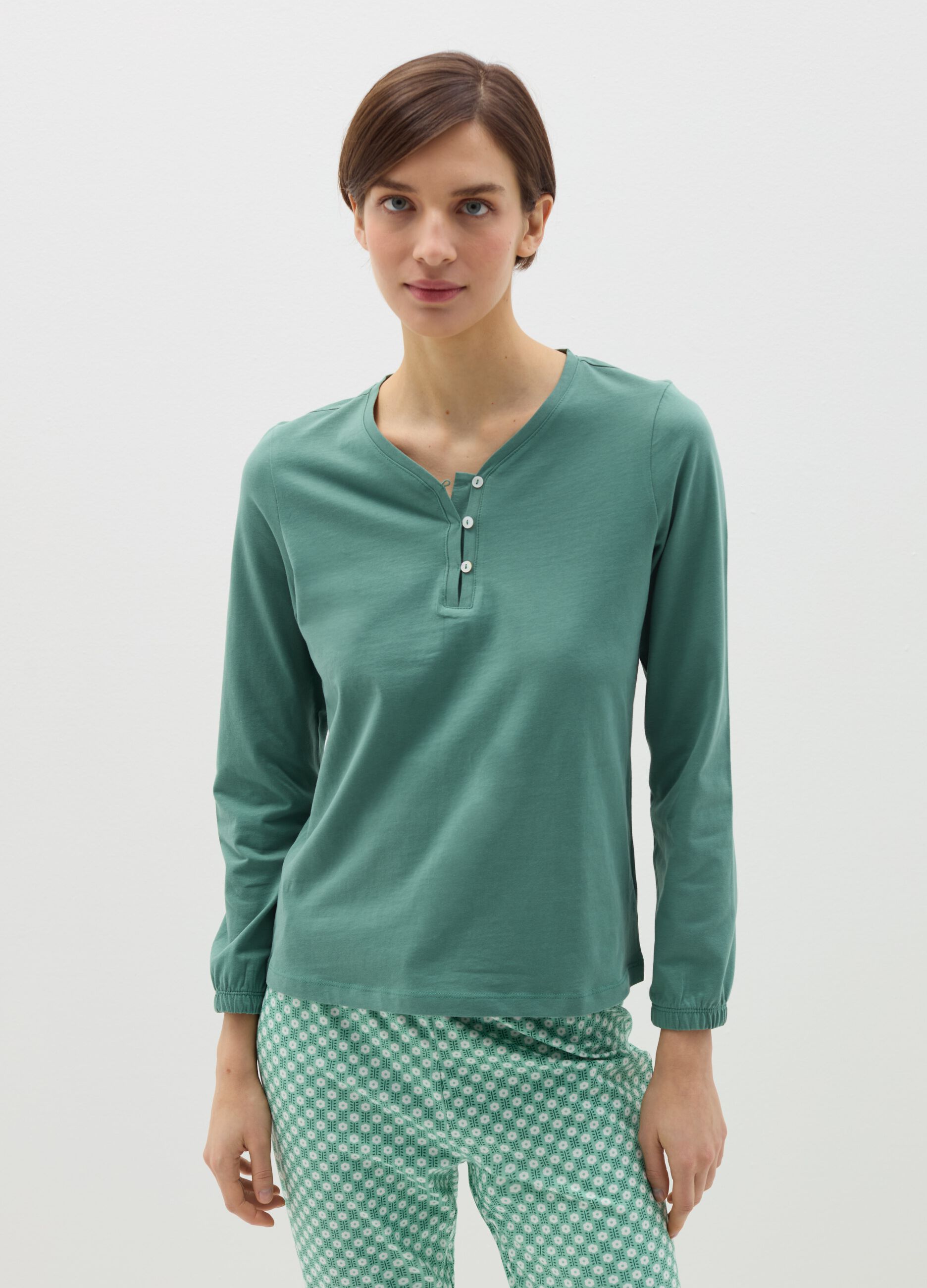 Cotton pyjama top with granddad neck